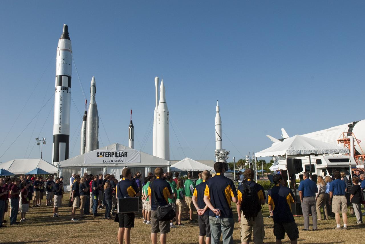 CAPE CANAVERAL, Fla. -- University students gather for the opening ceremony of NASA's second annual Lunabotics Mining Competition at the Kennedy Space Center Visitor Complex in Florida.        Thirty-six teams of undergraduate and graduate students from the United States, Bangladesh, Canada, Colombia and India will participate in NASA's Lunabotics Mining Competition May 26 - 28 at the agency's Kennedy Space Center in Florida. The competition is designed to engage and retain students in science, technology, engineering and mathematics (STEM). Teams will maneuver their remote controlled or autonomous excavators, called lunabots, in about 60 tons of ultra-fine simulated lunar soil, called BP-1. The competition is an Exploration Systems Mission Directorate project managed by Kennedy's Education Division. The event also provides a competitive environment that could result in innovative ideas and solutions for NASA's future excavation of the moon. Photo credit: NASA/Jim Grossmann