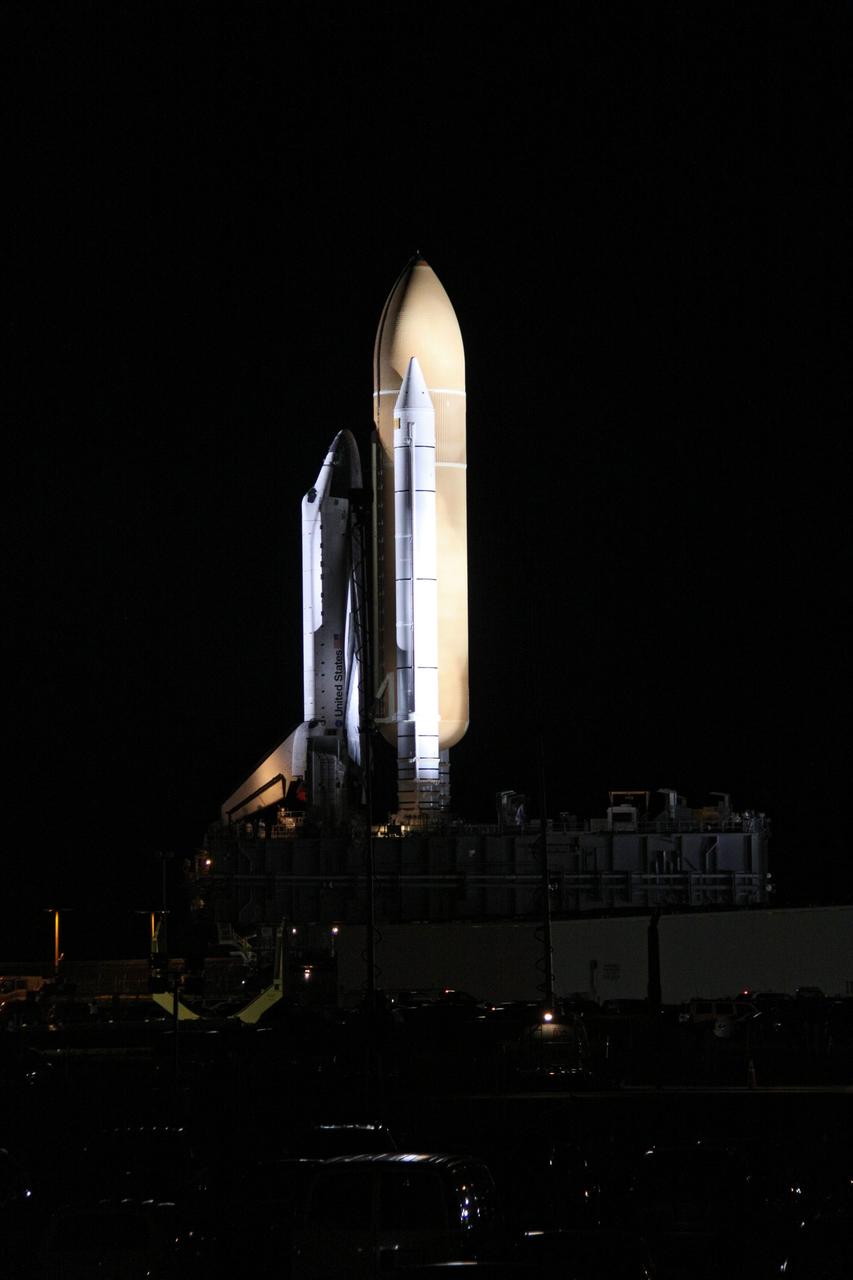 CAPE CANAVERAL, Fla. -- At a slow pace of about 1 mph, space shuttle Atlantis makes its final journey from the Vehicle Assembly Building to Launch Pad 39A at NASA's Kennedy Space Center in Florida. First motion was at 8:42 p.m. EDT. It will take the crawler-transporter about six hours to carry the shuttle, attached to its external fuel tank and solid rocket boosters, to the seaside launch pad. The milestone move paves the way for the launch of the STS-135 mission to the International Space Station, targeted for July 8.          STS-135 will be the 33rd flight of Atlantis, the 37th shuttle mission to the space station, and the 135th and final mission of NASA's Space Shuttle Program. For more information visit, www.nasa.gov/mission_pages/shuttle/shuttlemissions/sts135/index.html. Photo credit: NASA/Troy Cryder