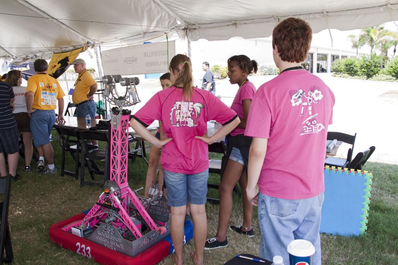 CAPE CANAVERAL, Fla. -- University students wait their turn to compete in NASA's second annual Lunabotics Mining Competition at the Kennedy Space Center Visitor Complex in Florida. Thirty-six teams of undergraduate and graduate students from the United States, Bangladesh, Canada, Colombia and India will participate in NASA's Lunabotics Mining Competition May 26 - 28 at the agency's Kennedy Space Center in Florida. The competition is designed to engage and retain students in science, technology, engineering and mathematics (STEM). Teams will maneuver their remote controlled or autonomous excavators, called lunabots, in about 60 tons of ultra-fine simulated lunar soil, called BP-1. The competition is an Exploration Systems Mission Directorate project managed by Kennedy's Education Division. The event also provides a competitive environment that could result in innovative ideas and solutions for NASA's future excavation of the moon. Photo credit: NASA/Jack Pfaller