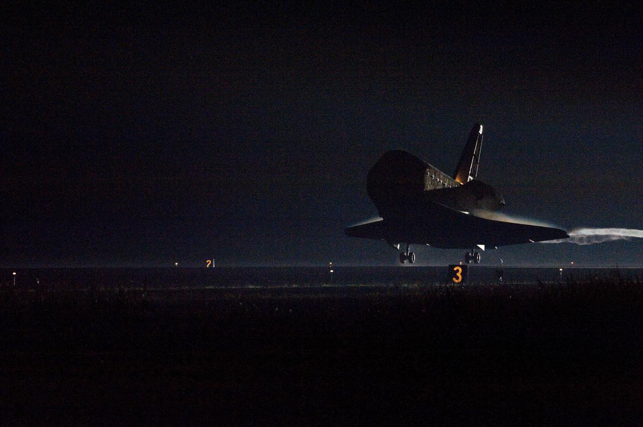 CAPE CANAVERAL, Fla. -- A vapor trail follows space shuttle Endeavour as it approaches Runway 15 on the Shuttle Landing Facility at NASA's Kennedy Space Center in Florida for the final time. A vapor trail, known as a contrail, is a cloud of water vapor that condenses and freezes around the small particles in aircraft exhaust. Main gear touchdown was at 2:34:51 a.m. EDT, followed by nose gear touchdown at 2:35:04 a.m., and wheelstop at 2:35:36 a.m. On board are STS-134 Commander Mark Kelly, Pilot Greg H. Johnson, and Mission Specialists Mike Fincke, Drew Feustel, Greg Chamitoff and the European Space Agency's Roberto Vittori.     STS-134 delivered the Alpha Magnetic Spectrometer-2 (AMS) and the Express Logistics Carrier-3 (ELC-3) to the International Space Station. AMS will help researchers understand the origin of the universe and search for evidence of dark matter, strange matter and antimatter from the station. ELC-3 carried spare parts that will sustain station operations once the shuttles are retired from service. STS-134 was the 25th and final flight for Endeavour, which has spent 299 days in space, orbited Earth 4,671 times and traveled 122,883,151 miles. Photo credit: NASA/Tom Joseph