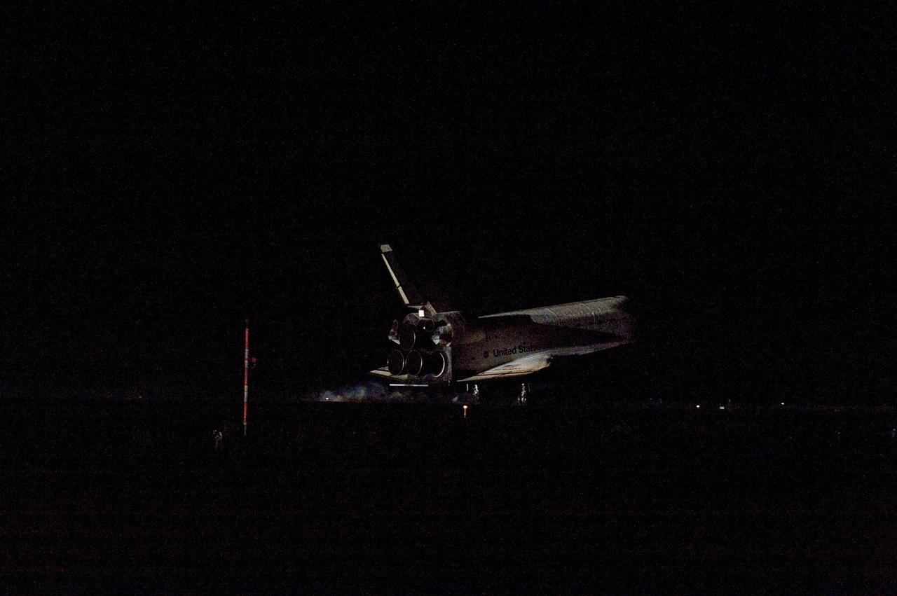 CAPE CANAVERAL, Fla. -- Space shuttle Endeavour rolls to a stop on the Shuttle Landing Facility's Runway 15 at NASA's Kennedy Space Center in Florida for the final time. Main gear touchdown was at 2:34:51 a.m. EDT, followed by nose gear touchdown at 2:35:04 a.m., and wheelstop at 2:35:36 a.m. On board are STS-134 Commander Mark Kelly, Pilot Greg H. Johnson, and Mission Specialists Mike Fincke, Drew Feustel, Greg Chamitoff and the European Space Agency's Roberto Vittori. STS-134 delivered the Alpha Magnetic Spectrometer-2 (AMS) and the Express Logistics Carrier-3 (ELC-3) to the International Space Station. AMS will help researchers understand the origin of the universe and search for evidence of dark matter, strange matter and antimatter from the station. ELC-3 carried spare parts that will sustain station operations once the shuttles are retired from service. STS-134 was the 25th and final flight for Endeavour, which has spent 299 days in space, orbited Earth 4,671 times and traveled 122,883,151 miles. Photo credit: NASA/Kevin O'Connell