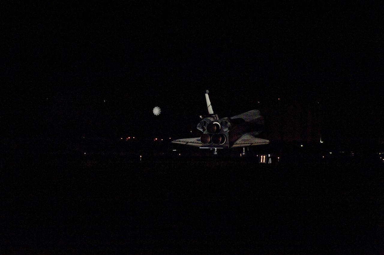 CAPE CANAVERAL, Fla. -- Space shuttle Endeavour rolls to a stop on the Shuttle Landing Facility's Runway 15 at NASA's Kennedy Space Center in Florida for the final time. Main gear touchdown was at 2:34:51 a.m. EDT, followed by nose gear touchdown at 2:35:04 a.m., and wheelstop at 2:35:36 a.m. On board are STS-134 Commander Mark Kelly, Pilot Greg H. Johnson, and Mission Specialists Mike Fincke, Drew Feustel, Greg Chamitoff and the European Space Agency's Roberto Vittori. STS-134 delivered the Alpha Magnetic Spectrometer-2 (AMS) and the Express Logistics Carrier-3 (ELC-3) to the International Space Station. AMS will help researchers understand the origin of the universe and search for evidence of dark matter, strange matter and antimatter from the station. ELC-3 carried spare parts that will sustain station operations once the shuttles are retired from service. STS-134 was the 25th and final flight for Endeavour, which has spent 299 days in space, orbited Earth 4,671 times and traveled 122,883,151 miles. Photo credit: NASA/Kevin O'Connell