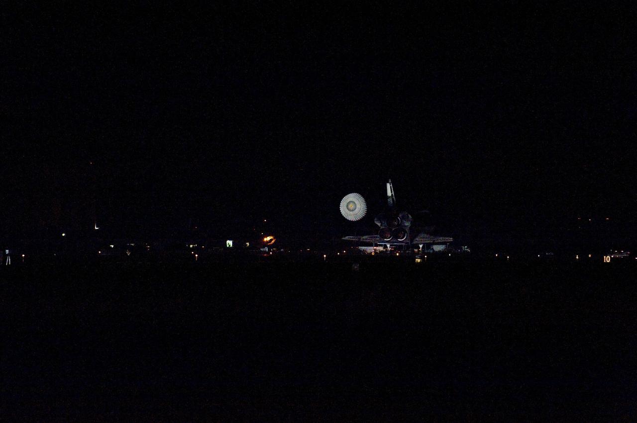 CAPE CANAVERAL, Fla. -- Space shuttle Endeavour rolls to a stop on the Shuttle Landing Facility's Runway 15 at NASA's Kennedy Space Center in Florida for the final time. Main gear touchdown was at 2:34:51 a.m. EDT, followed by nose gear touchdown at 2:35:04 a.m., and wheelstop at 2:35:36 a.m. On board are STS-134 Commander Mark Kelly, Pilot Greg H. Johnson, and Mission Specialists Mike Fincke, Drew Feustel, Greg Chamitoff and the European Space Agency's Roberto Vittori. STS-134 delivered the Alpha Magnetic Spectrometer-2 (AMS) and the Express Logistics Carrier-3 (ELC-3) to the International Space Station. AMS will help researchers understand the origin of the universe and search for evidence of dark matter, strange matter and antimatter from the station. ELC-3 carried spare parts that will sustain station operations once the shuttles are retired from service. STS-134 was the 25th and final flight for Endeavour, which has spent 299 days in space, orbited Earth 4,671 times and traveled 122,883,151 miles. Photo credit: NASA/Kevin O'Connell