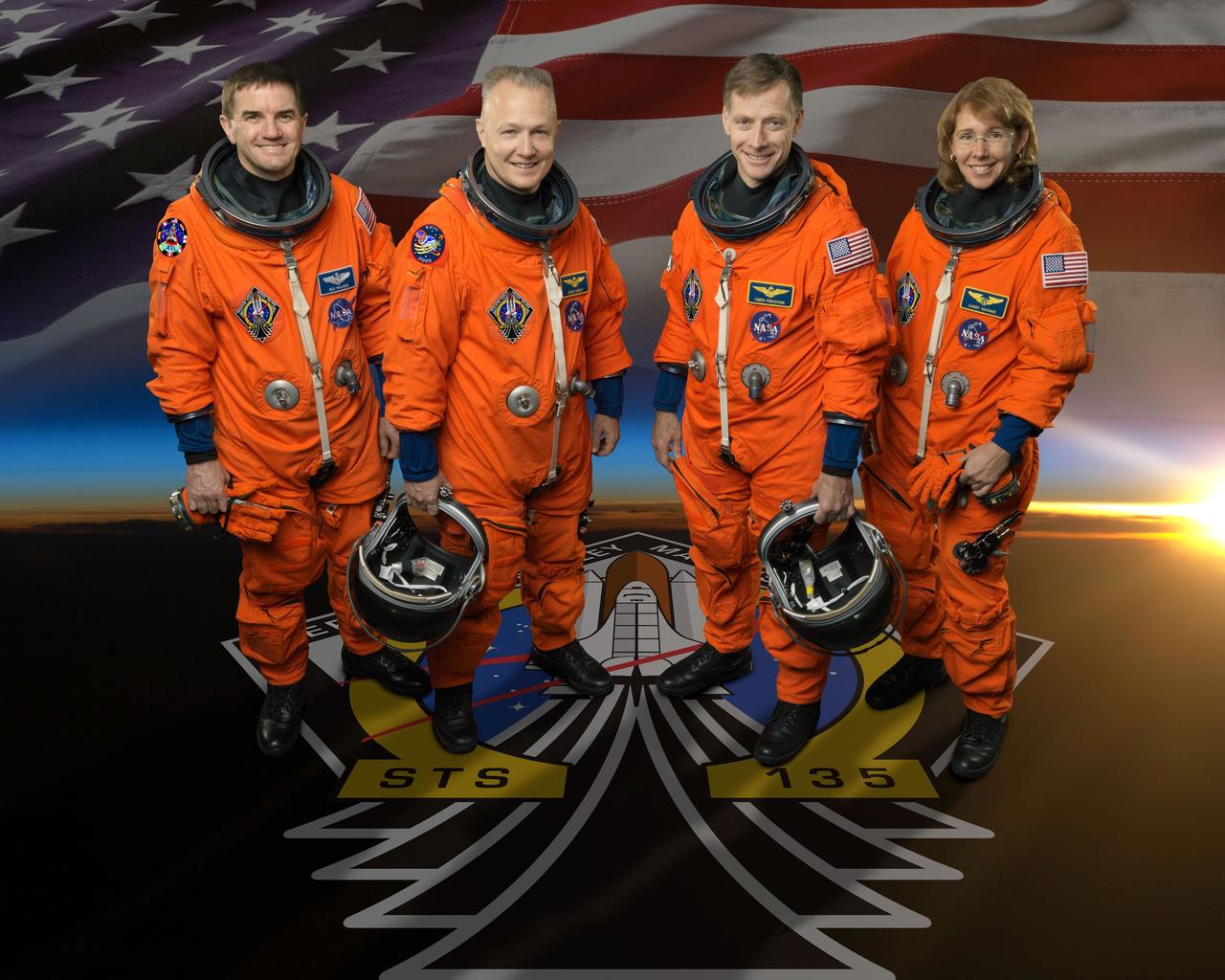 JOHNSON SPACE CENTER, Houston, Texas --- STS135-S-002 --- Attired in training versions of their shuttle launch and entry suits, these four astronauts take a break from training to pose for the STS-135 crew portrait. Pictured are NASA astronauts Chris Ferguson (center right), commander; Doug Hurley (center left), pilot; Rex Walheim and Sandy Magnus, both mission specialists. Photo credit: NASA or National Aeronautics and Space Administration