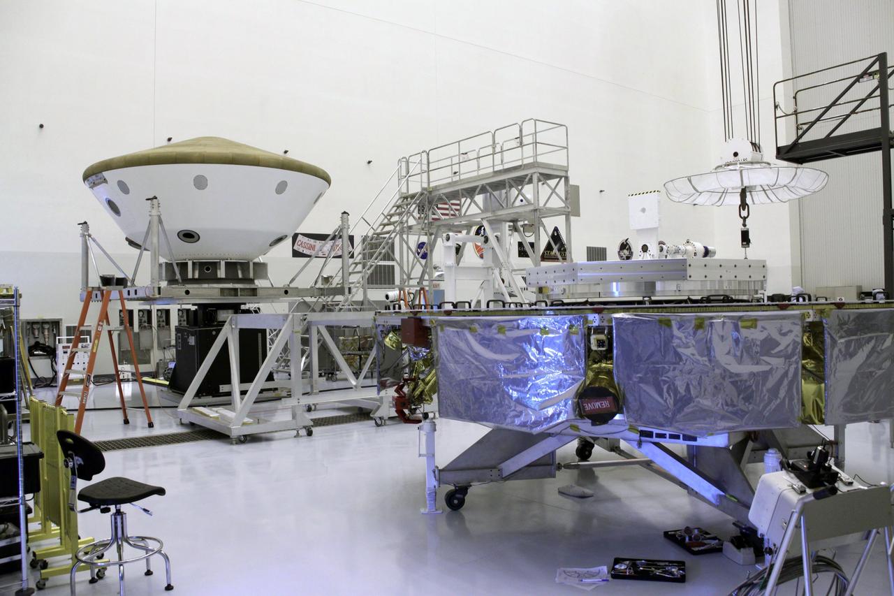 Cape Canaveral, Fla. -- At the Payload Hazardous Servicing Facility at NASA's Kennedy Space Center in Florida the aeroshell, a component of NASA's Mars Science Laboratory (MSL), has been secured onto a spin stand for testing. The aeroshell consists of the backshell which carries the parachute and several components used during later stages of entry, descent and landing, and the spacecraft's heat shield.      MSL's components include a compact car-sized rover, Curiosity, which has 10 science instruments designed to search for evidence on whether Mars has had environments favorable to microbial life, including chemical ingredients for life.  The unique rover will use a laser to look inside rocks and release its gasses so that the rover’s spectrometer can analyze and send the data back to Earth. Launch of MSL aboard a United Launch Alliance Atlas V rocket is scheduled for Nov. 25 from Space Launch Complex 41 on Cape Canaveral Air Force Station in Florida. For more information, visit http://www.nasa.gov/msl. Photo credit: NASA/Jack Pfaller