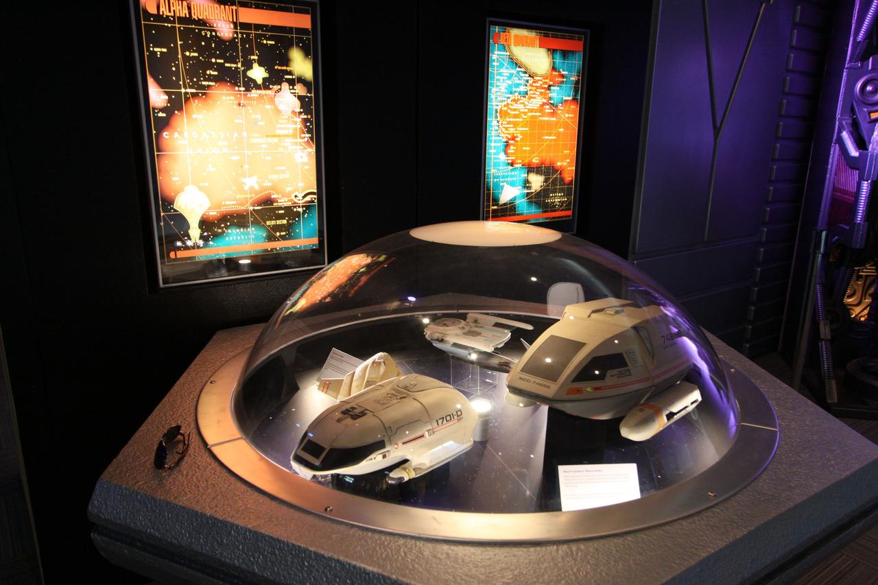 CAPE CANAVERAL, Fla. -- At NASA Kennedy Space Center's Visitor Complex, Star Trek memorabilia is being displayed this summer through Sept. 5.     Appearing for the first time in the southeast, "Star Trek: The Exhibition" is an interactive exhibit of authentic Star Trek artifacts from the past 40 years, featuring one-of-a-kind costumes, props and filming models from every Star Trek television series and feature film, including a recreation of the U.S.S. Enterprise Bridge from the original series. Photo credit: NASA/Jack Pfaller