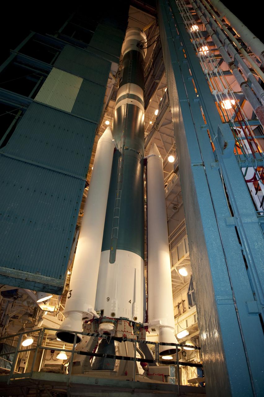 VANDENBERG AIR FORCE BASE, Calif. -- The mobile service tower at NASA's Launch Complex-2 at Vandenberg Air Force Base in California slowly moves away from the United Launch Alliance Delta II rocket with the Aquarius/SAC-D spacecraft atop in preparation for launch.          Liftoff is slated for 7:20 PDT/10:20 EDT today. Aquarius, the NASA-built instrument on the SAC-D spacecraft will provide new insights into how variations in ocean surface salinity relate to fundamental climate processes on its three-year mission. For more information visit: www.nasa.gov/aquarius. Photo credit: NASA/VAFB