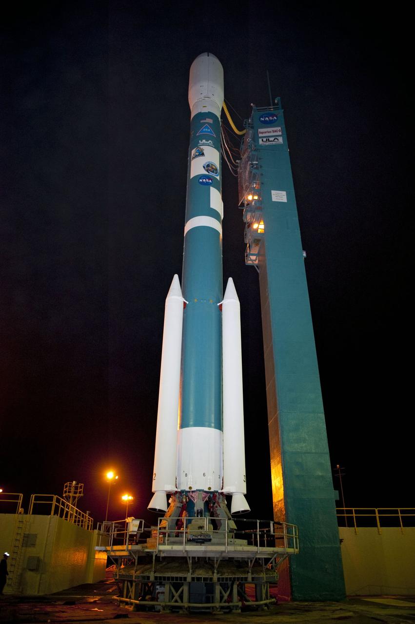 VANDENBERG AIR FORCE BASE, Calif. -- At NASA's Launch Complex-2 at Vandenberg Air Force Base in California the United Launch Alliance Delta II rocket with the Aquarius/SAC-D spacecraft atop is prepared for launch.        Liftoff is slated for 7:20 PDT/10:20 EDT today. Aquarius, the NASA-built instrument on the SAC-D spacecraft will provide new insights into how variations in ocean surface salinity relate to fundamental climate processes on its three-year mission. For more information visit: www.nasa.gov/aquarius. Photo credit: NASA/VAFB