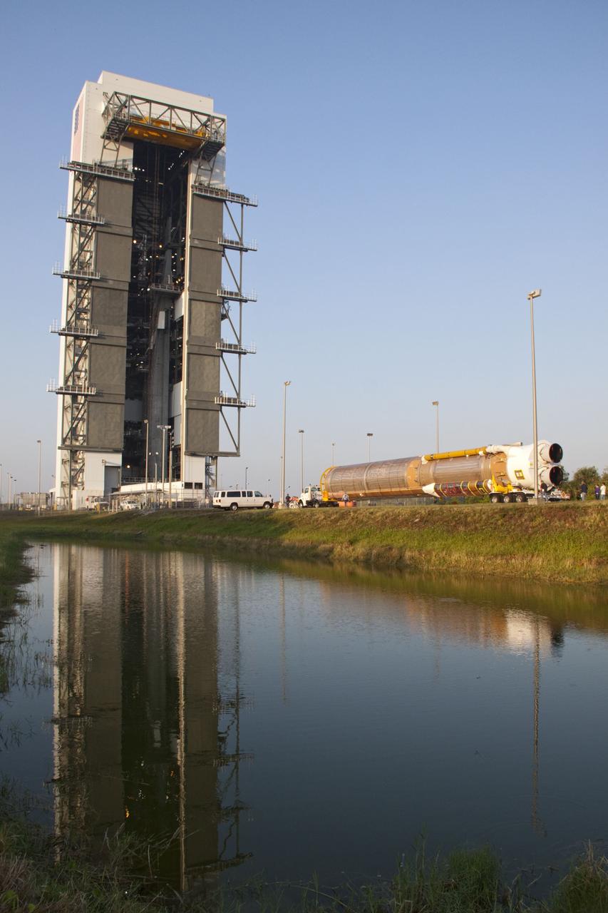 CAPE CANAVERAL, Fla. -- At Cape Canaveral Air Force Station in Florida, the first stage of a United Launch Alliance Atlas V rocket has arrived at Launch Complex 41. NASA's Juno spacecraft is scheduled to launch aboard an Atlas V from Cape Canaveral, Fla. Aug. 5.The solar-powered spacecraft will orbit Jupiter's poles 33 times to find out more about the gas giant's origins, structure, atmosphere and magnetosphere and investigate the existence of a solid planetary core. For more information visit: www.nasa.gov/juno. Photo credit: NASA/Jack Pfaller