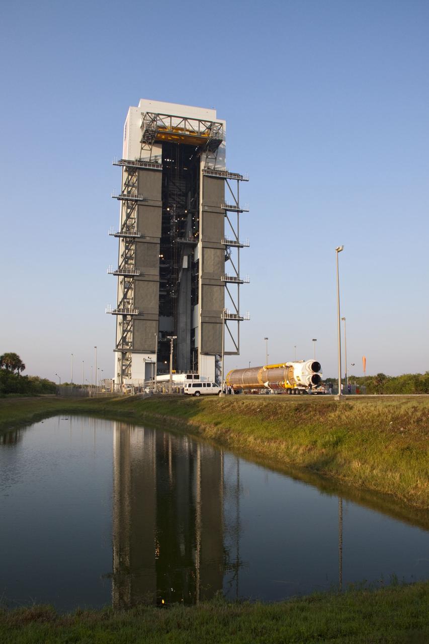 CAPE CANAVERAL, Fla. -- At Cape Canaveral Air Force Station in Florida, the first stage of a United Launch Alliance Atlas V rocket has arrived at Launch Complex 41. NASA's Juno spacecraft is scheduled to launch aboard an Atlas V from Cape Canaveral, Fla. Aug. 5.The solar-powered spacecraft will orbit Jupiter's poles 33 times to find out more about the gas giant's origins, structure, atmosphere and magnetosphere and investigate the existence of a solid planetary core. For more information visit: www.nasa.gov/juno. Photo credit: NASA/Jack Pfaller