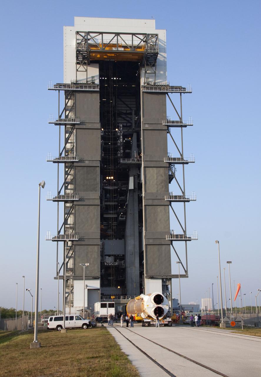 CAPE CANAVERAL, Fla. -- At Cape Canaveral Air Force Station in Florida, the first stage of a United Launch Alliance Atlas V rocket has arrived at Launch Complex 41. NASA's Juno spacecraft is scheduled to launch aboard an Atlas V from Cape Canaveral, Fla. Aug. 5.The solar-powered spacecraft will orbit Jupiter's poles 33 times to find out more about the gas giant's origins, structure, atmosphere and magnetosphere and investigate the existence of a solid planetary core. For more information visit: www.nasa.gov/juno. Photo credit: NASA/Jack Pfaller