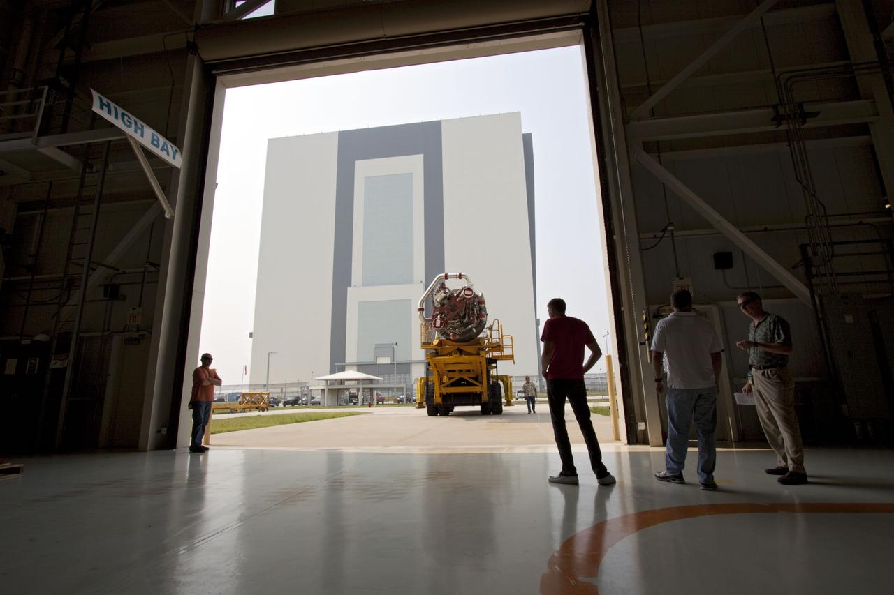 CAPE CANAVERAL, Fla. -- Engine No. 2, one of three space shuttle main engines removed from Endeavour in the Orbiter Processing Facility-1, has arrived at the Space Shuttle Main Engine Processing Facility at NASA's Kennedy Space Center in Florida. The removal is part of Endeavour's transition and retirement processing. Endeavour is being prepared for public display at the California Science Center in Los Angeles. Endeavour flew 25 missions, spent 299 days in space, orbited Earth 4,671 times and traveled 122,883,151 miles over the course of its 19-year career. Photo credit: NASA/Jim Grossmann