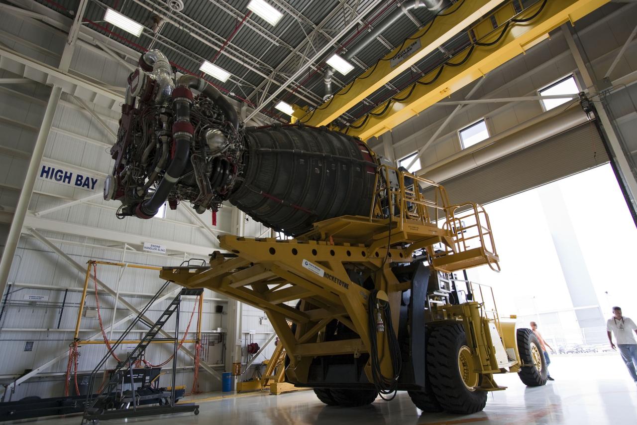 CAPE CANAVERAL, Fla. -- Engine No. 2, one of three space shuttle main engines removed from Endeavour in the Orbiter Processing Facility-1, has arrived at the Space Shuttle Main Engine Processing Facility at NASA's Kennedy Space Center in Florida. The removal is part of Endeavour's transition and retirement processing. Endeavour is being prepared for public display at the California Science Center in Los Angeles. Endeavour flew 25 missions, spent 299 days in space, orbited Earth 4,671 times and traveled 122,883,151 miles over the course of its 19-year career. Photo credit: NASA/Jim Grossmann