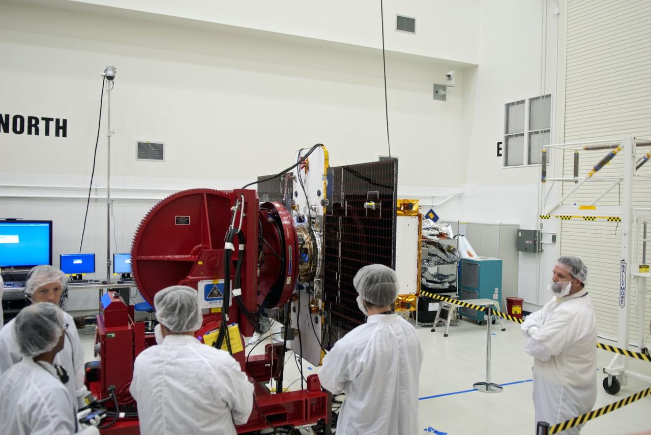 CAPE CANAVERAL, Fla. -- Technicians at Astrotech payload processing facility in Titusville, Fla., are conducting solar panel deployment tests on NASA's Gravity Recovery and Interior Laboratory, or GRAIL, twin spacecraft. The United Launch Alliance Delta II rocket that will carry GRAIL into lunar orbit already is fully stacked at NASA's Space Launch Complex 17B, and launch is scheduled for Sept. 8. The GRAIL mission is a part of NASA's Discovery Program. GRAIL will fly the twin spacecraft in tandem orbits around the moon for several months to measure its gravity field. The mission also will answer longstanding questions about Earth's moon and provide scientists a better understanding of how Earth and other rocky planets in the solar system formed. For more information, visit http://solarsystem.nasa.gov/grail/. Photo credit: NASA/Jim Grossmann