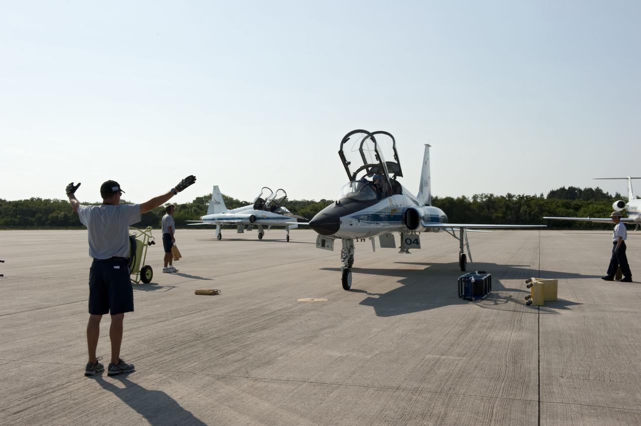 CAPE CANAVERAL, Fla. -- At the Shuttle Landing Facility at NASA's Kennedy Space Center in Florida, the STS-135 crew members arrived aboard their T-38 jets at about 5:30 p.m. EDT to participate in a launch countdown dress rehearsal called the Terminal Countdown Demonstration Test (TCDT) and related training in preparation for the upcoming STS-135 mission. Commander Chris Ferguson, Pilot Doug Hurley and Mission Specialists Sandy Magnus and Rex Walheim are targeted to lift off July 8, taking with them the Raffaello multi-purpose logistics module packed with supplies and spare parts to the International Space Station. The STS-135 mission also will fly a system to investigate the potential for robotically refueling existing satellites and return a failed ammonia pump module to help NASA better understand the failure mechanism and improve pump designs for future systems. STS-135 will be the 33rd flight of Atlantis, the 37th shuttle mission to the space station, and the 135th and final mission of NASA's Space Shuttle Program. For more information visit, www.nasa.gov/mission_pages/shuttle/shuttlemissions/sts135/index.html. Photo credit: NASA/Kim Shiflett