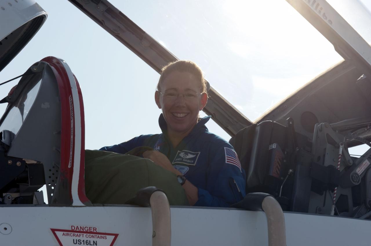 CAPE CANAVERAL, Fla. -- At the Shuttle Landing Facility at NASA's Kennedy Space Center in Florida, STS-135 Mission Specialist Sandy Magnus has arrived aboard a T-38 jet. The crew arrived at Kennedy at about 5:30 p.m. EDT to participate in a launch countdown dress rehearsal called the Terminal Countdown Demonstration Test (TCDT) and related training in preparation for the upcoming STS-135 mission. Commander Chris Ferguson, Pilot Doug Hurley and Mission Specialists Sandy Magnus and Rex Walheim are targeted to lift off July 8, taking with them the Raffaello multi-purpose logistics module packed with supplies and spare parts to the International Space Station. The STS-135 mission also will fly a system to investigate the potential for robotically refueling existing satellites and return a failed ammonia pump module to help NASA better understand the failure mechanism and improve pump designs for future systems. STS-135 will be the 33rd flight of Atlantis, the 37th shuttle mission to the space station, and the 135th and final mission of NASA's Space Shuttle Program. For more information visit, www.nasa.gov/mission_pages/shuttle/shuttlemissions/sts135/index.html. Photo credit: NASA/Kim Shiflett