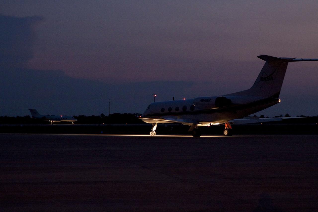 CAPE CANAVERAL, Fla. -- STS-135 Commander Chris Ferguson and Pilot Doug Hurley are ready to take off from the Shuttle Landing Facility runway at NASA's Kennedy Space Center in Florida to perform touch-and-go landings aboard their Shuttle Training Aircrafts (STA). An STA is a Gulfstream II jet that is modified to mimic the shuttle's handling during the final phase of landing. Ferguson and Hurley will practice landings as part of standard training before space shuttle Atlantis' launch to the International Space Station. Atlantis and its crew are targeted to lift off July 8, to deliver the Raffaello multi-purpose logistics module packed with supplies and spare parts to the station. The STS-135 mission also will fly a system to investigate the potential for robotically refueling existing satellites and return a failed ammonia pump module to help NASA better understand the failure mechanism and improve pump designs for future systems. STS-135 will be the 33rd flight of Atlantis, the 37th shuttle mission to the space station, and the 135th and final mission of NASA's Space Shuttle Program. For more information visit, www.nasa.gov/mission_pages/shuttle/shuttlemissions/sts135/index.html. Photo credit: NASA/Troy Cryder