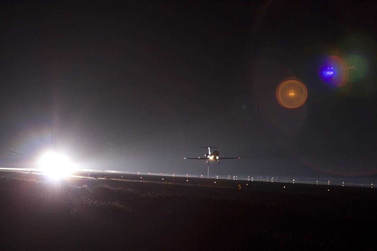 CAPE CANAVERAL, Fla. -- STS-135 Commander Chris Ferguson and Pilot Doug Hurley take off from the Shuttle Landing Facility runway at NASA's Kennedy Space Center in Florida to perform touch-and-go landings aboard their Shuttle Training Aircrafts (STA). An STA is a Gulfstream II jet that is modified to mimic the shuttle's handling during the final phase of landing. Ferguson and Hurley will practice landings as part of standard training before space shuttle Atlantis' launch to the International Space Station. Atlantis and its crew are targeted to lift off July 8, to deliver the Raffaello multi-purpose logistics module packed with supplies and spare parts to the station. The STS-135 mission also will fly a system to investigate the potential for robotically refueling existing satellites and return a failed ammonia pump module to help NASA better understand the failure mechanism and improve pump designs for future systems. STS-135 will be the 33rd flight of Atlantis, the 37th shuttle mission to the space station, and the 135th and final mission of NASA's Space Shuttle Program. For more information visit, www.nasa.gov/mission_pages/shuttle/shuttlemissions/sts135/index.html. Photo credit: NASA/Troy Cryder