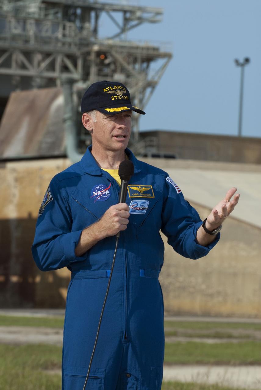 CAPE CANAVERAL, Fla. -- STS-135 Commander Chris Ferguson speaks to media during a question-and-answer session at NASA Kennedy Space Center's Launch Pad 39A in Florida. Space shuttle Atlantis' astronauts are at Kennedy to participate in a launch countdown dress rehearsal called the Terminal Countdown Demonstration Test (TCDT) and related training.            Atlantis and its crew are targeted to lift off July 8, taking with them the Raffaello multi-purpose logistics module packed with supplies and spare parts to the International Space Station. The STS-135 mission also will fly a system to investigate the potential for robotically refueling existing satellites and return a failed ammonia pump module to help NASA better understand the failure mechanism and improve pump designs for future systems. STS-135 will be the 33rd flight of Atlantis, the 37th shuttle mission to the space station, and the 135th and final mission of NASA's Space Shuttle Program. For more information visit, www.nasa.gov/mission_pages/shuttle/shuttlemissions/sts135/index.html. Photo credit: NASA/Kim Shiflett