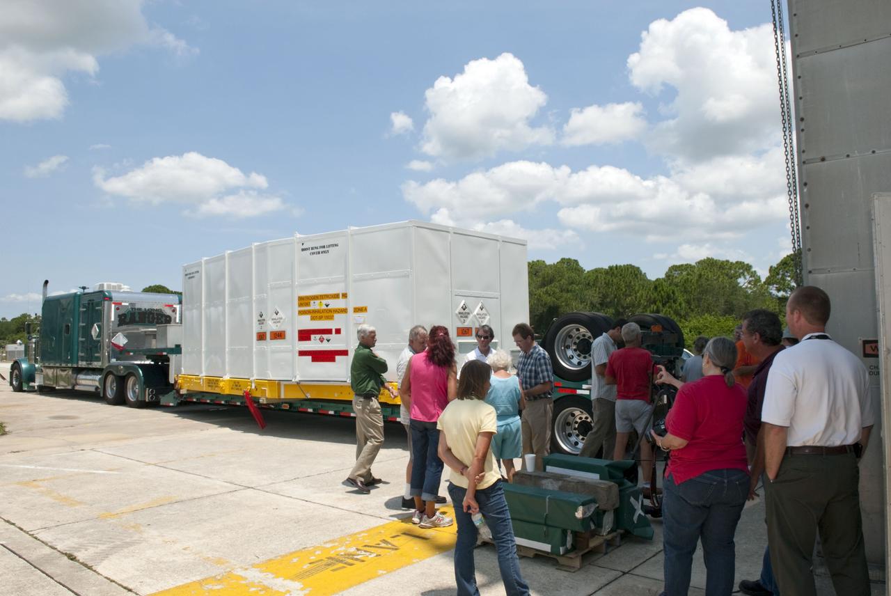 CAPE CANAVERAL, Fla. - Space shuttle Discovery's orbital maneuvering system pods and forward reaction control system have been loaded into a container and are being transported from NASA's Kennedy Space Center in Florida to White Sands Space Harbor in New Mexico. There, they will undergo a complete deservicing and cleaning. The removal is part of Discovery's transition and retirement processing. Shuttle Discovery will go to the Smithsonian's National Air and Space Museum, Steven F. Udvar-Hazy Center in Chantilly, Va., Endeavour will go to the California Science Center in Los Angeles and Enterprise will be moved from the Smithsonian to the Intrepid Sea, Air and Space Museum in New York. Shuttle Atlantis will go to the Kennedy Space Center Visitor Complex. Photo credit: NASA/Jim Grossmann
