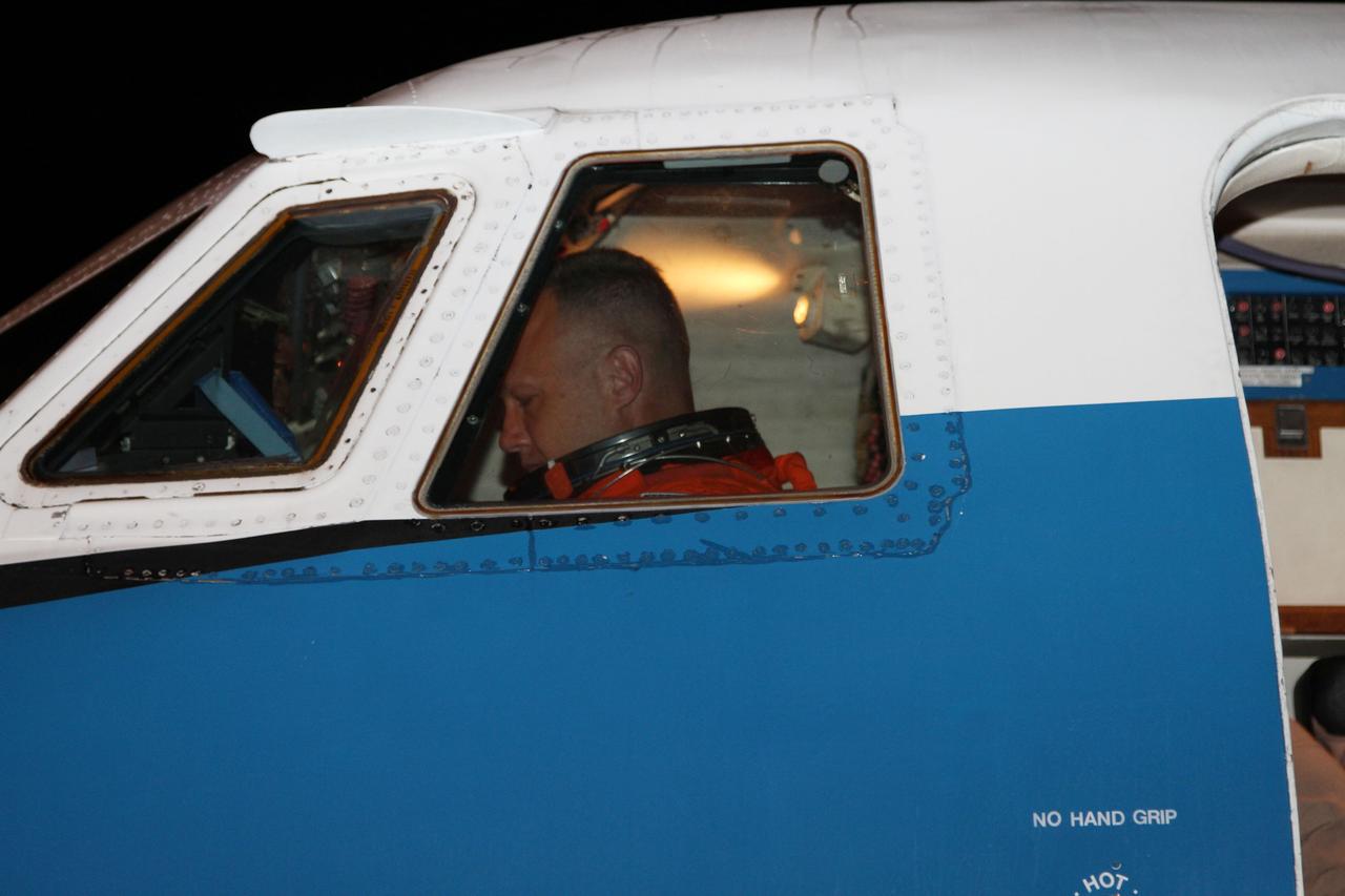 CAPE CANAVERAL, Fla. -- STS-135 Pilot Doug Hurley prepares to practice touch-and-go landings in a Shuttle Training Aircraft (STA) at the Shuttle Landing Facility at NASA's Kennedy Space Center in Florida. An STA is a Gulfstream II jet that is modified to mimic the shuttle's handling during the final phase of landing. Ferguson and Hurley will practice landings as part of standard procedure before space shuttle Atlantis' launch to the International Space Station. Atlantis and its crew are scheduled to lift off at 11:26 a.m. EDT on July 8 to deliver the Raffaello multi-purpose logistics module packed with supplies and spare parts to the station. The STS-135 mission also will fly a system to investigate the potential for robotically refueling existing satellites and return a failed ammonia pump module to help NASA better understand the failure mechanism and improve pump designs for future systems. STS-135 will be the 33rd flight of Atlantis, the 37th shuttle mission to the space station, and the 135th and final mission of NASA's Space Shuttle Program. For more information visit, www.nasa.gov/mission_pages/shuttle/shuttlemissions/sts135/index.html. Photo credit: NASA/Cory Huston