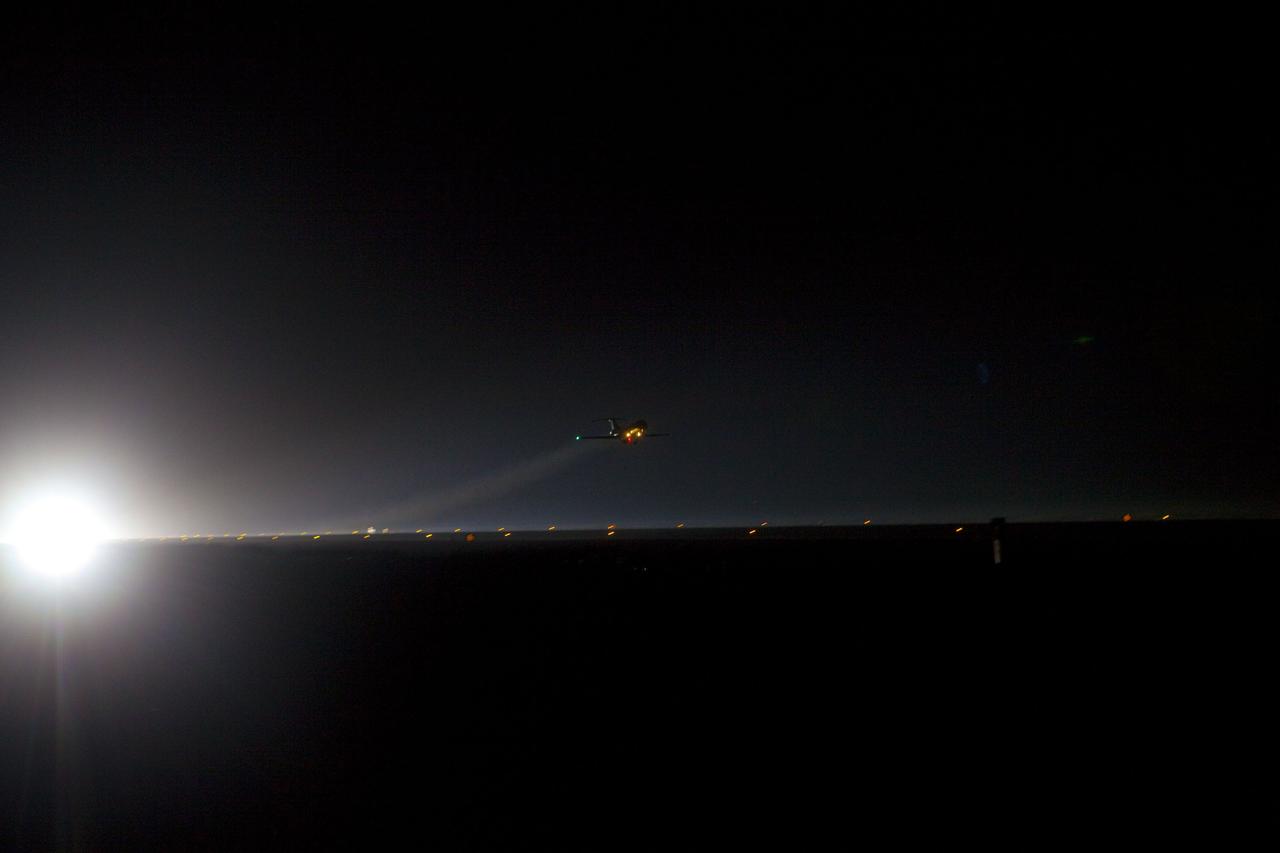 CAPE CANAVERAL, Fla. -- STS-135 Commander Chris Ferguson and Pilot Doug Hurley perform touch-and-go landings aboard a Shuttle Training Aircraft (STA) at the Shuttle Landing Facility at NASA's Kennedy Space Center in Florida. An STA is a Gulfstream II jet that is modified to mimic the shuttle's handling during the final phase of landing. Ferguson and Hurley practice landings as part of standard procedure before space shuttle Atlantis' launch to the International Space Station. Atlantis and its crew are scheduled to lift off at 11:26 a.m. EDT on July 8 to deliver the Raffaello multi-purpose logistics module packed with supplies and spare parts to the station. The STS-135 mission also will fly a system to investigate the potential for robotically refueling existing satellites and return a failed ammonia pump module to help NASA better understand the failure mechanism and improve pump designs for future systems. STS-135 will be the 33rd flight of Atlantis, the 37th shuttle mission to the space station, and the 135th and final mission of NASA's Space Shuttle Program. For more information visit, www.nasa.gov/mission_pages/shuttle/shuttlemissions/sts135/index.html. Photo credit: NASA/Cory Huston
