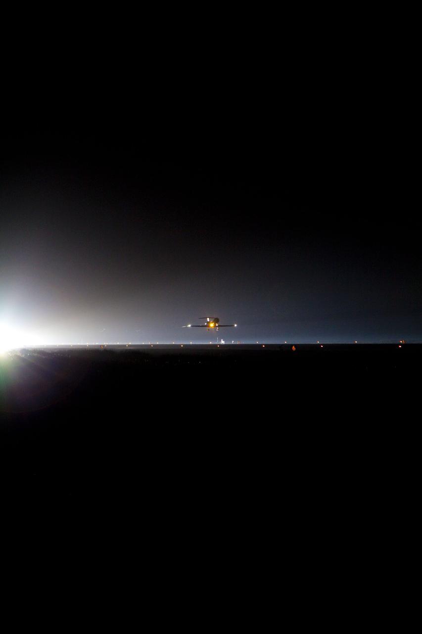 CAPE CANAVERAL, Fla. -- STS-135 Commander Chris Ferguson and Pilot Doug Hurley perform touch-and-go landings aboard a Shuttle Training Aircraft (STA) at the Shuttle Landing Facility at NASA's Kennedy Space Center in Florida. An STA is a Gulfstream II jet that is modified to mimic the shuttle's handling during the final phase of landing. Ferguson and Hurley practice landings as part of standard procedure before space shuttle Atlantis' launch to the International Space Station. Atlantis and its crew are scheduled to lift off at 11:26 a.m. EDT on July 8 to deliver the Raffaello multi-purpose logistics module packed with supplies and spare parts to the station. The STS-135 mission also will fly a system to investigate the potential for robotically refueling existing satellites and return a failed ammonia pump module to help NASA better understand the failure mechanism and improve pump designs for future systems. STS-135 will be the 33rd flight of Atlantis, the 37th shuttle mission to the space station, and the 135th and final mission of NASA's Space Shuttle Program. For more information visit, www.nasa.gov/mission_pages/shuttle/shuttlemissions/sts135/index.html. Photo credit: NASA/Cory Huston