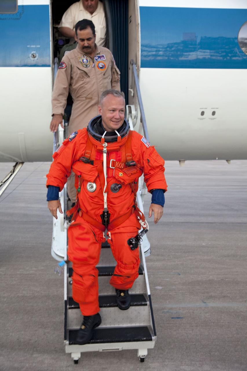 CAPE CANAVERAL, Fla. -- STS-135 Pilot Doug Hurley has completed touch-and-go landings and disembarks from a Shuttle Training Aircraft (STA) on the Shuttle Landing Facility at NASA's Kennedy Space Center in Florida. An STA is a Gulfstream II jet that is modified to mimic the shuttle's handling during the final phase of landing. Ferguson and Hurley practice landings as part of standard procedure before space shuttle Atlantis' launch to the International Space Station. Atlantis and its crew are scheduled to lift off at 11:26 a.m. EDT on July 8 to deliver the Raffaello multi-purpose logistics module packed with supplies and spare parts to the station. The STS-135 mission also will fly a system to investigate the potential for robotically refueling existing satellites and return a failed ammonia pump module to help NASA better understand the failure mechanism and improve pump designs for future systems. STS-135 will be the 33rd flight of Atlantis, the 37th shuttle mission to the space station, and the 135th and final mission of NASA's Space Shuttle Program. For more information visit, www.nasa.gov/mission_pages/shuttle/shuttlemissions/sts135/index.html. Photo credit: NASA/Cory Huston