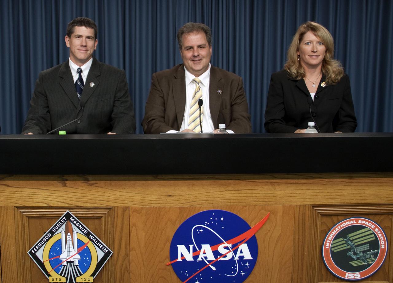 CAPE CANAVERAL, Fla. -- In the Press Site auditorium at NASA's Kennedy Space Center in Florida, NASA managers brief media about the payload and launch status of space shuttle Atlantis' STS-135 mission to the International Space Station. From left are NASA Test Director Jeremy Graeber, Payload Mission Manager Joe Delai and Shuttle Weather Officer Kathy Winters.      Atlantis and its crew are scheduled to lift off at 11:26 a.m. EDT on July 8 to deliver the Raffaello multi-purpose logistics module packed with supplies and spare parts to the station. The STS-135 mission also will fly a system to investigate the potential for robotically refueling existing satellites and return a failed ammonia pump module to help NASA better understand the failure mechanism and improve pump designs for future systems. STS-135 will be the 33rd flight of Atlantis, the 37th shuttle mission to the space station, and the 135th and final mission of NASA's Space Shuttle Program. For more information visit, www.nasa.gov/mission_pages/shuttle/shuttlemissions/sts135/index.html. Photo credit: NASA/Jim Grossmann