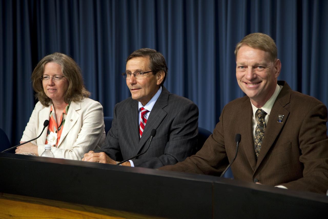 CAPE CANAVERAL, Fla. -- In the Press Site auditorium at NASA's Kennedy Space Center in Florida, media were briefed about updates to aeronautics research at NASA. Seen here are NASA Public Affairs Officer Beth Dickey, Edgar G. Waggoner, director of the Integrated Systems Research Program Office, Aeronautics Research Mission Directorate and John Cavolowsky, director of the Airspace Systems Program Office, Aeronautics Research Mission Directorate. Photo credit: NASA/Frankie Martin