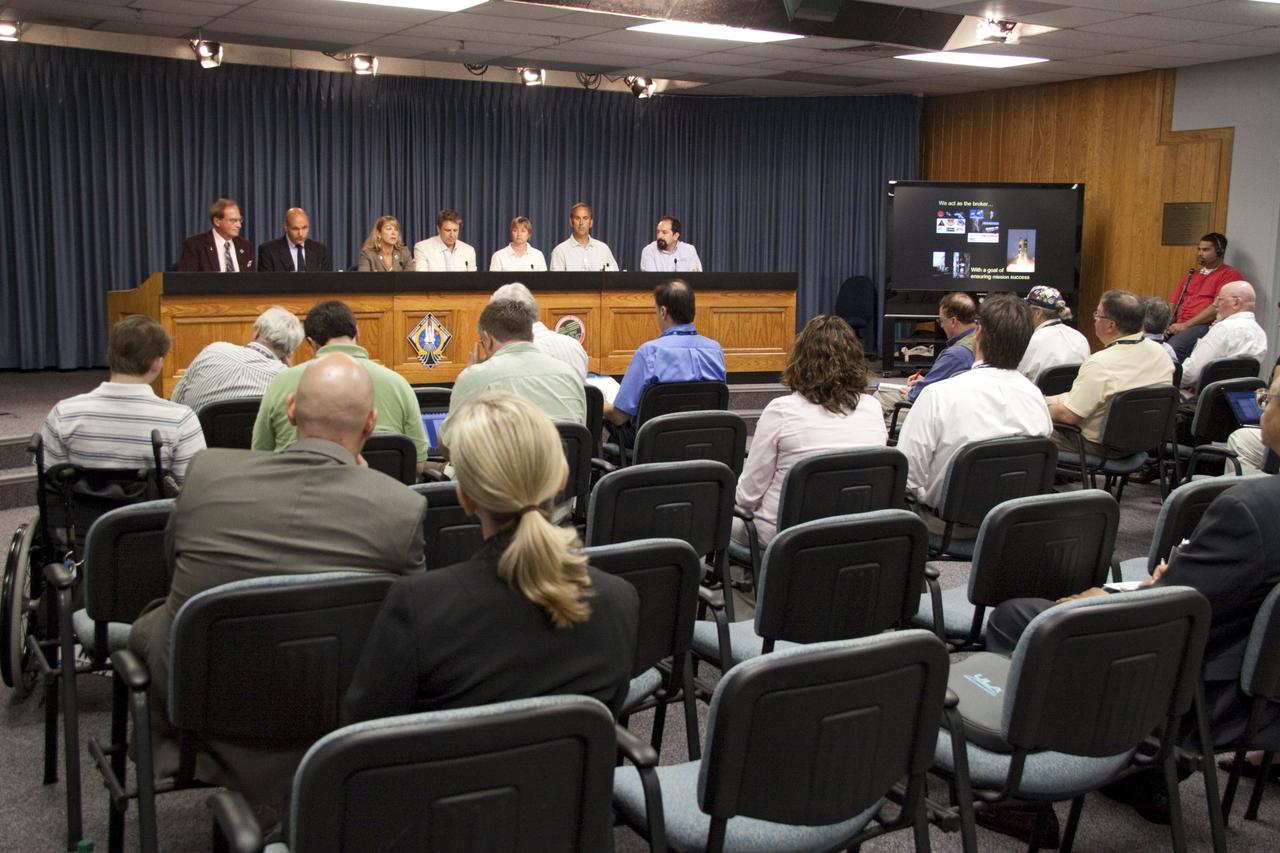 CAPE CANAVERAL, Fla. -- In the Press Site auditorium at NASA's Kennedy Space Center in Florida, media were briefed about NASA's future science missions. Seen here are NASA Public Affairs Officer George Diller (left);  Waleed Abdalati, NASA chief scientist; Amanda Mitskevich, NASA Launch Services Program manager;  Scott Bolton, Juno principal investigator with the Southwest Research Institute, San Antonio;  Maria Zuber, GRAIL principal investigator with the Massachusetts Institute of Technology;  John Grotzinger, Mars Science Lab project scientist with the California Institute of Technology and Daniel Stern, NuStar project scientist with NASA's Jet Propulsion Laboratory in Calif. Photo credit: NASA/Jack Pfaller
