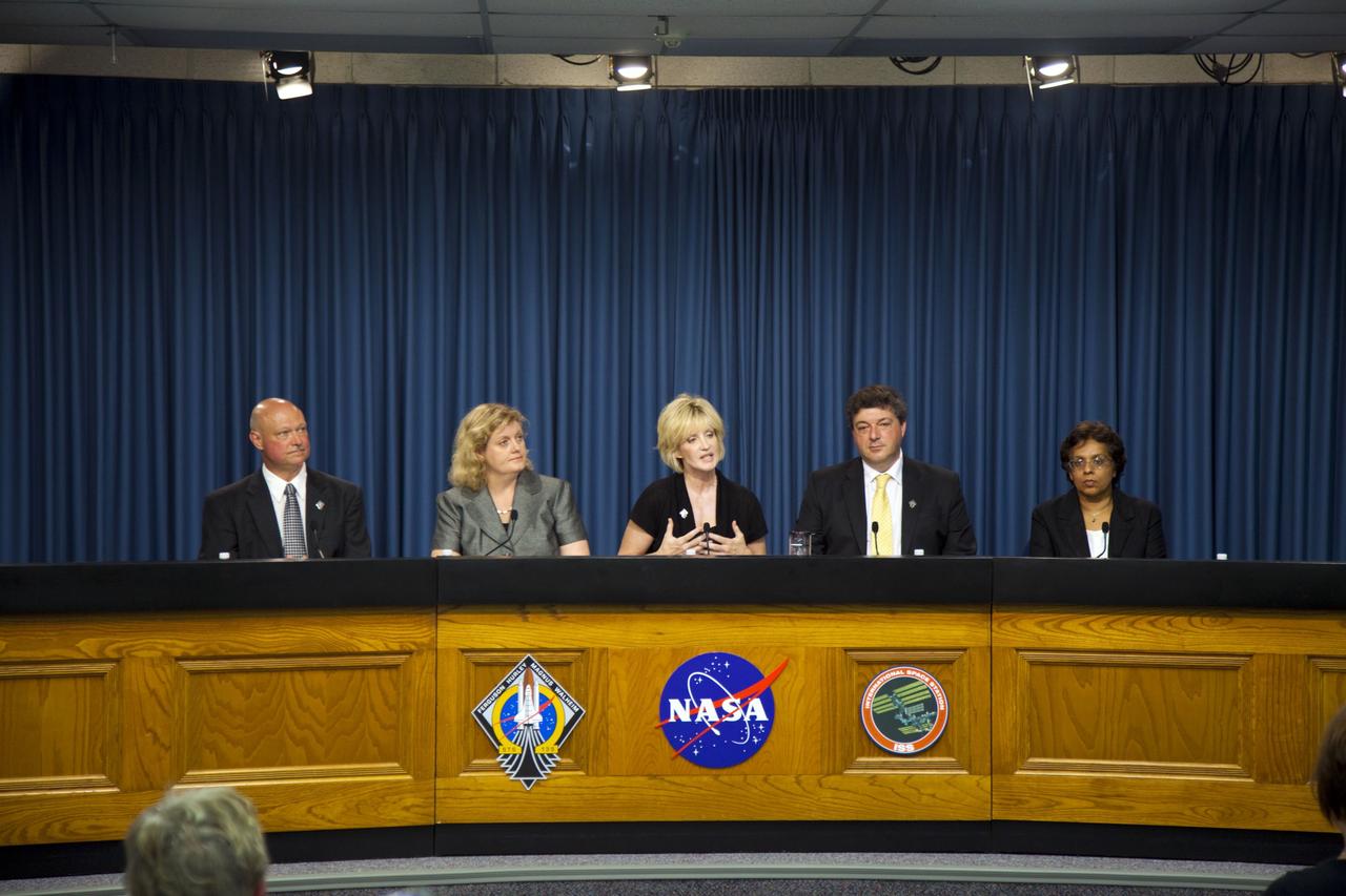 CAPE CANAVERAL, Fla. -- The Press Site auditorium at NASA's Kennedy Space Center in Florida hosted an International Space Station Science and Technology news conference. Seen here are NASA Public Affairs Officer Make Curie, moderator (left); Julie Robinson, International Space Station Program scientist; Cheryl Nickerson, Recombinant Attenuated Salmonella Vaccine investigator; Eduardo Almeda, investigator and Imara Perera, Plant Signaling investigator Photo credit: NASA/Frankie Martin