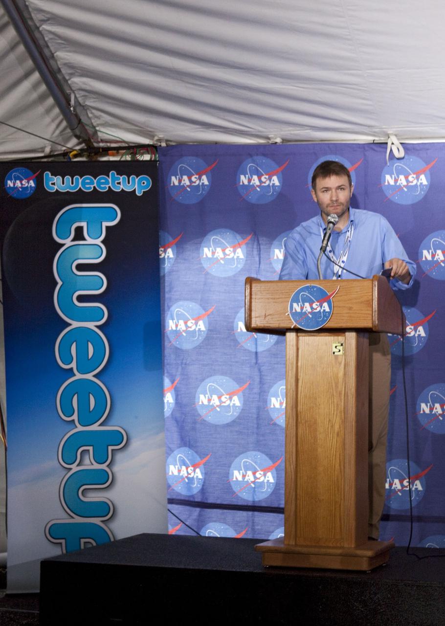 CAPE CANAVERAL, Fla. -- At Kennedy Space Center in Florida, NASA is hosting a Tweetup for 150 Twitter followers of space shuttle Atlantis' STS-135 mission to the International Space Station, selected from more than 5,500 online registrants. A Tweetup is an informal meeting of people who use the social messaging medium Twitter. This Tweetup is an opportunity to learn more about NASA, explore NASA's Kennedy Space Center in Florida and experience a space shuttle launch. Here, NASA Public Affairs Officer John Yembrick addresses the participants.                Atlantis and its crew of four; Commander Chris Ferguson, Pilot Doug Hurley, Mission Specialists Sandy Magnus and Rex Walheim, are scheduled to lift off at 11:26 a.m. EDT on July 8 to deliver the Raffaello multi-purpose logistics module packed with supplies and spare parts to the station. Atlantis also will fly the Robotic Refueling Mission experiment that will investigate the potential for robotically refueling existing satellites in orbit. In addition, Atlantis will return with a failed ammonia pump module to help NASA better understand the failure mechanism and improve pump designs for future systems. STS-135 will be the 33rd flight of Atlantis, the 37th shuttle mission to the space station, and the 135th and final mission of NASA's Space Shuttle Program. For more information visit, www.nasa.gov/mission_pages/shuttle/shuttlemissions/sts135/index.html. Photo credit: NASA/Troy Cryder