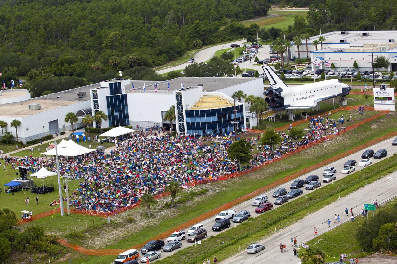 CAPE CANAVERAL, Fla. -- After 30 years and 135 missions, residents and visitors to Florida's Space Coast flock to the Astronaut Hall of Fame in Titusville to see the rocket's red glare of NASA's Space Shuttle Program soar for the last time. Space shuttle Atlantis is scheduled to liftoff at 11:26 a.m. EDT from Launch Pad 39A at NASA's Kennedy Space Center in Florida. On board will be four experienced astronauts -- STS-135 Commander Chris Ferguson, Pilot Doug Hurley, and Mission Specialists Sandy Magnus and Rex Walheim.      STS-135 will deliver the Raffaello multi-purpose logistics module packed with supplies and spare parts for the International Space Station. Atlantis also will fly the Robotic Refueling Mission experiment that will investigate the potential for robotically refueling existing satellites in orbit. In addition, Atlantis will return with a failed ammonia pump module to help NASA better understand the failure mechanism and improve pump designs for future systems. STS-135 will be the 33rd flight of Atlantis, the 37th shuttle mission to the space station, and the 135th and final mission of NASA's Space Shuttle Program. For more information visit, www.nasa.gov/mission_pages/shuttle/shuttlemissions/sts135/index.html. Photo credit: NASA/Frank Michaux