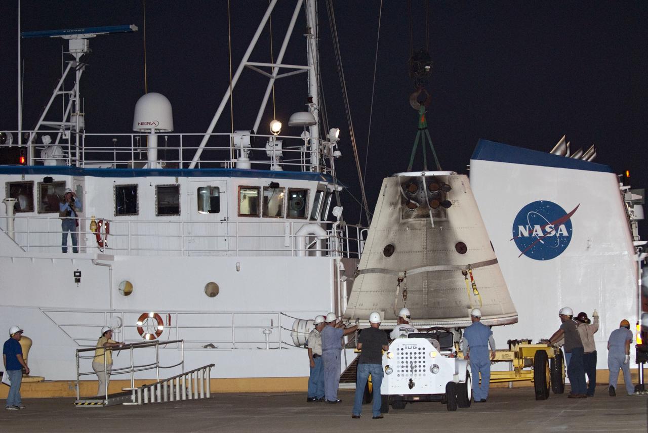 CAPE CANAVERAL, Fla. – At Hangar AF at Cape Canaveral Air Force Station in Florida, a booster retrieval ship delivers a frustum from one of space shuttle Atlantis' spent solid rocket boosters, beginning the safing process. The shuttle's two solid rocket booster casings and associated flight hardware are recovered in the Atlantic Ocean after every launch by the booster retrieval ships Freedom Star and Liberty Star. The boosters impact the Atlantic about seven minutes after liftoff and the ships are stationed about 10 miles from the impact area at the time of splashdown. After the spent segments are processed, they will be transported to Utah, where they will be deserviced and stored, if needed. Atlantis began its final flight at 11:29 a.m. EDT on July 8 to deliver the Raffaello multi-purpose logistics module packed with supplies and spare parts for the International Space Station. STS-135 is the 33rd flight of Atlantis, the 37th shuttle mission to the space station, and the 135th and final mission of NASA's Space Shuttle Program. For more information, visit www.nasa.gov/mission_pages/shuttle/shuttlemissions/sts135/index.html. Photo credit: NASA/Kim Shiflett