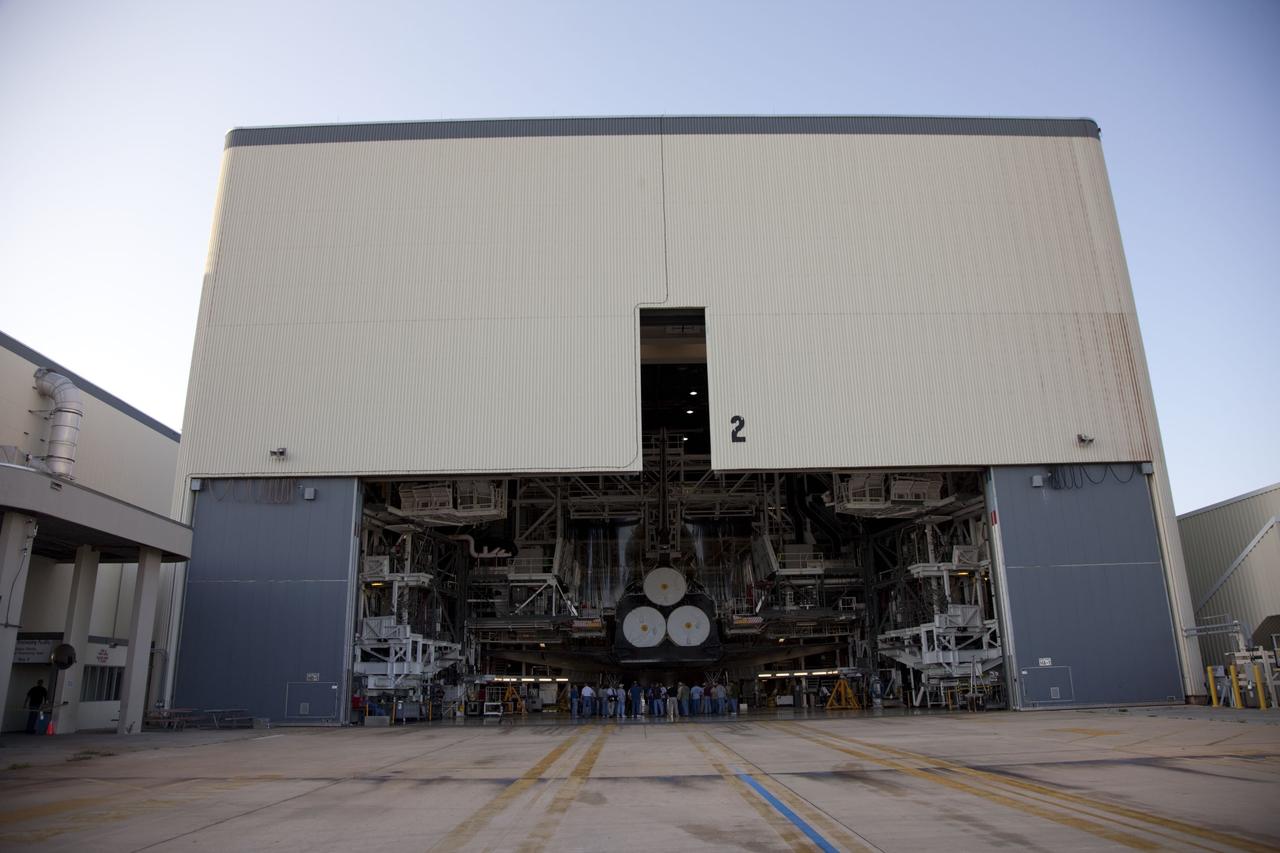 CAPE CANAVERAL, Fla. -- In Orbiter Processing Facility-2, or OPF-2, at NASA's Kennedy Space Center in Florida, preparations are under way to roll space shuttle Discovery to the Vehicle Assembly Building, or VAB. Discovery will be stored inside the VAB for approximately one month while shuttle Atlantis undergoes processing in OPF-2 following its final mission, STS-135. Discovery flew its 39th and final mission, STS-133, in February and March 2011, and currently is being prepared for public display at the Smithsonian's National Air and Space Museum Steven F. Udvar-Hazy Center in Virginia. For more information about Discovery's Transition and Retirement, visit www.nasa.gov/mission_pages/shuttle/launch/discovery_rss_collection_archive_1.html. Photo credit: NASA/Frankie Martin