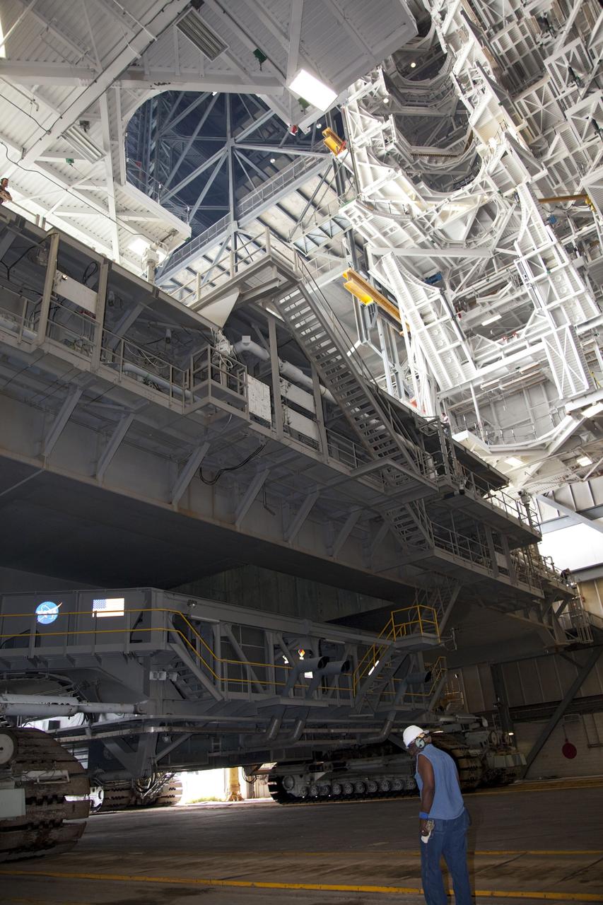 CAPE CANAVERAL, Fla. -- At NASA's Kennedy Space Center in Florida, Mobile Launcher Platform-3 (MLP), which supported space shuttle Atlantis for its final flight to the International Space Station on the STS-135 mission, has been delivered to the Vehicle Assembly Building (VAB) atop a crawler-transporter.           For more than 40 years, the MLPs have traveled between the massive VAB to both launch pads at Launch Complex 39, and then returned to the VAB for future use. MLP-3 was first used to launch Columbia on the STS-32 mission on Jan. 9, 1990. Photo credit: NASA/Frankie Martin