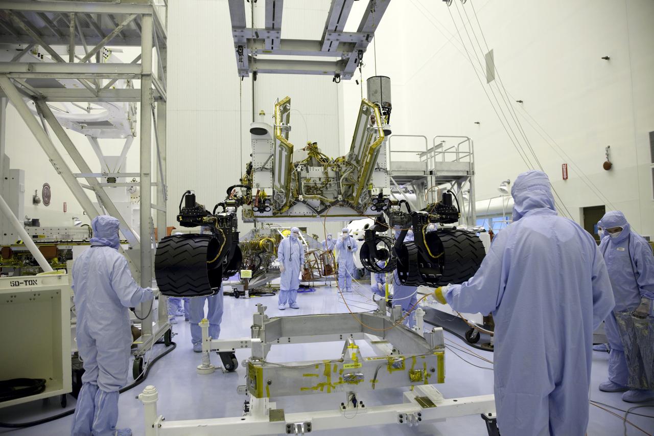 Cape Canaveral, Fla. -- Technicians, at the Payload Hazardous Servicing Facility at NASA's Kennedy Space Center in Florida, use an overhead crane to move NASA's Mars Science Laboratory (MSL) rover, known as Curiosity, to the high bay floor where the instrument mast and science boom will undergo deployment testing.               A United Launch Alliance Atlas V-541 configuration will be used to loft MSL into space. Curiosity’s 10 science instruments are designed to search for evidence on whether Mars has had environments favorable to microbial life, including chemical ingredients for life.  The unique rover will use a laser to look inside rocks and release its gasses so that the rover’s spectrometer can analyze and send the data back to Earth. MSL is scheduled to launch from Cape Canaveral Air Force Station in Florida Nov. 25 with a window extending to Dec. 18 and arrival at Mars Aug. 2012. For more information, visit http://www.nasa.gov/msl. Photo credit: NASA/Frankie Martin