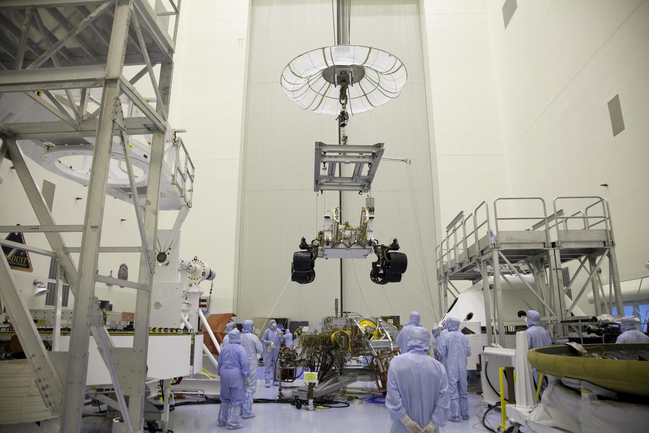 Cape Canaveral, Fla. -- Technicians, at the Payload Hazardous Servicing Facility at NASA's Kennedy Space Center in Florida, use an overhead crane to move NASA's Mars Science Laboratory (MSL) rover, known as Curiosity, to the high bay floor where the instrument mast and science boom will undergo deployment testing.             A United Launch Alliance Atlas V-541 configuration will be used to loft MSL into space. Curiosity’s 10 science instruments are designed to search for evidence on whether Mars has had environments favorable to microbial life, including chemical ingredients for life.  The unique rover will use a laser to look inside rocks and release its gasses so that the rover’s spectrometer can analyze and send the data back to Earth. MSL is scheduled to launch from Cape Canaveral Air Force Station in Florida Nov. 25 with a window extending to Dec. 18 and arrival at Mars Aug. 2012. For more information, visit http://www.nasa.gov/msl. Photo credit: NASA/Frankie Martin