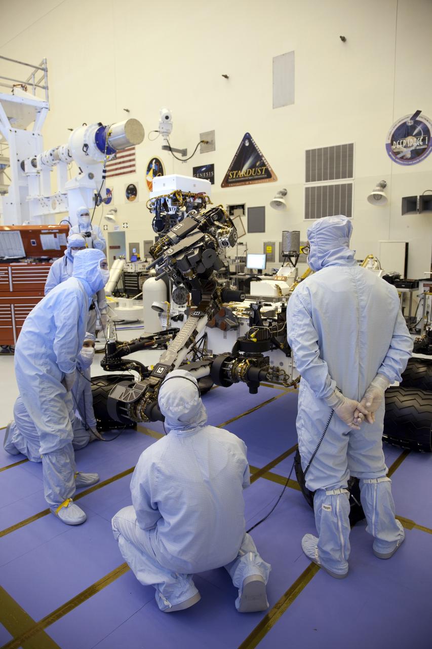 Cape Canaveral, Fla. -- Technicians at the Payload Hazardous Servicing Facility at NASA's Kennedy Space Center in Florida, put the instrument mast and science boom on NASA's Mars Science Laboratory (MSL) rover, known as Curiosity, through a series of deployment tests.       A United Launch Alliance Atlas V-541 configuration will be used to loft MSL into space. Curiosity’s 10 science instruments are designed to search for evidence on whether Mars has had environments favorable to microbial life, including chemical ingredients for life.  The unique rover will use a laser to look inside rocks and release its gasses so that the rover’s spectrometer can analyze and send the data back to Earth. MSL is scheduled to launch from Cape Canaveral Air Force Station in Florida Nov. 25 with a window extending to Dec. 18 and arrival at Mars Aug. 2012. For more information, visit http://www.nasa.gov/msl. Photo credit: NASA/Frankie Martin