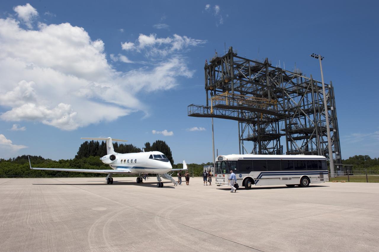 CAPE CANAVERAL, Fla. -- The STS-135 astronauts are preparing to depart NASA's Kennedy Space Center in Florida to return to NASA's Johnson Space Center in Houston. Here, a Gulfstream III jet is waiting for the crew members and their families to board for the flight home.          Space shuttle Atlantis and its crew touched down on Kennedy's Shuttle Landing Facility runway 5:57 a.m., July 21, 2011, bringing a close to 30 years of space shuttle missions. Securing the space shuttle fleet's place in history, Atlantis marked the 26th nighttime landing of the Space Shuttle Program and the 78th landing at Kennedy. Atlantis and its crew delivered to the International Space Station the Raffaello multi-purpose logistics module packed with more than 9,400 pounds of spare parts, equipment and supplies that will sustain station operations for the next year. STS-135 was the 33rd and final flight for Atlantis and the final mission of the Space Shuttle Program. For more information, visit www.nasa.gov/mission_pages/shuttle/shuttlemissions/sts135/index.html. Photo credit: NASA/Kim Shiflett