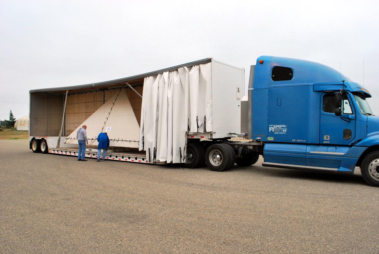 VANDENBERG AIR FORCE BASE, Calif. -- The wing of the Pegasus XL launch vehicle arrives at Vandenberg Air Force Base in California.  The Orbital Sciences Corp. Pegasus rocket is being processed to launch the Nuclear Spectroscopic Telescope Array (NuSTAR) into space.    After the rocket and spacecraft are processed at Vandenberg, they will be flown on the Orbital Sciences' L-1011 carrier aircraft to the Ronald Reagan Ballistic Missile Defense Test Site at the Pacific Ocean’s Kwajalein Atoll for launch. The high-energy X-ray telescope will conduct a census for black holes, map radioactive material in young supernovae remnants, and study the origins of cosmic rays and the extreme physics around collapsed stars. For more information, visit science.nasa.gov/missions/nustar/. Photo credit: NASA/Randy Beaudoin, VAFB