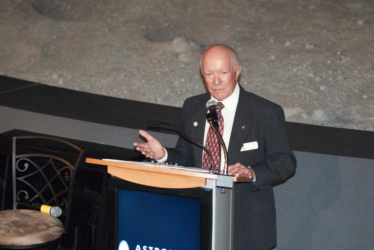 CAPE CANAVERAL, Fla. -- The Apollo/Saturn V Center at NASA's Kennedy Space Center in Florida hosted a celebration on the 40th anniversary of NASA's Apollo 15 mission. Apollo 15 Commander Dave Scott and Command Module Pilot Al Worden and an elite gathering of Apollo-era astronauts were on hand for the event and panel discussion. Here, Gerry Griffin, Apollo 15 flight director, speaks to the invited guests.        Worden circled the moon while Scott and the late Jim Irwin, the Lunar Module commander, made history when they became the first humans to drive a vehicle on the surface of the moon. They also provided extensive descriptions and photographic documentation of geologic features in the vicinity of the Hadley Rille landing site during their three days on the lunar surface. Photo credit: NASA/Kim Shiflett