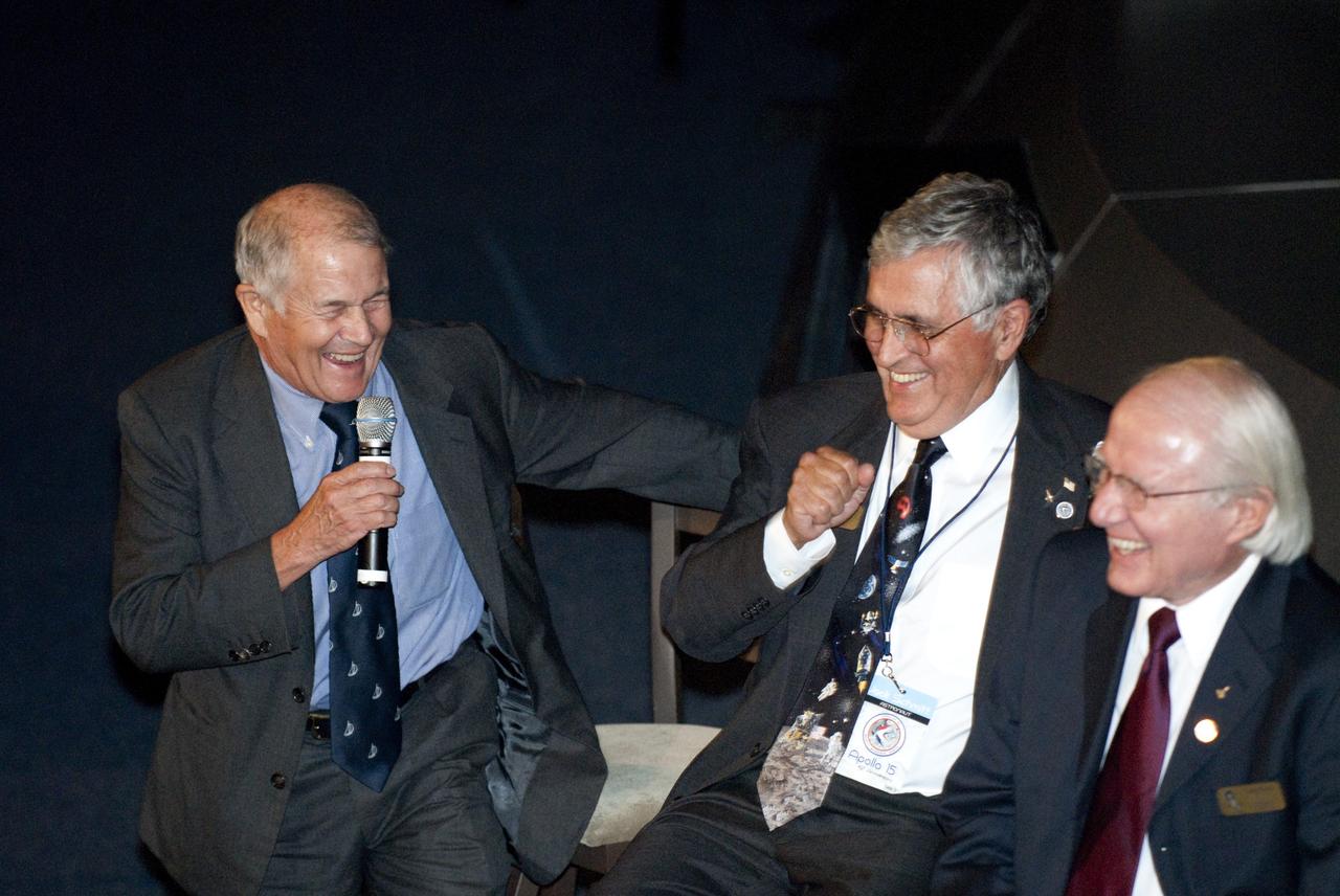 CAPE CANAVERAL, Fla. -- The Apollo/Saturn V Center at NASA's Kennedy Space Center in Florida hosted a celebration on the 40th anniversary of NASA's Apollo 15 mission. Apollo 15 Commander Dave Scott and Command Module Pilot Al Worden and an elite gathering of Apollo-era astronauts were on hand for the event and panel discussion. Here, sharing a light moment are from left, Apollo 15 astronaut support crew members, Joe Allen, Jack Schmitt and Vance Brand. Worden circled the moon while Scott and the late Jim Irwin, the Lunar Module commander, made history when they became the first humans to drive a vehicle on the surface of the moon. They also provided extensive descriptions and photographic documentation of geologic features in the vicinity of the Hadley Rille landing site during their three days on the lunar surface. Photo credit: NASA/Kim Shiflett