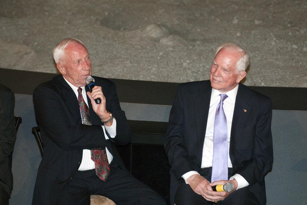 CAPE CANAVERAL, Fla. -- The Apollo/Saturn V Center at NASA's Kennedy Space Center in Florida hosted a celebration on the 40th anniversary of NASA's Apollo 15 mission. Apollo 15 Commander Dave Scott (right) and Command Module Pilot Al Worden and an elite gathering of Apollo-era astronauts were on hand for the event and panel discussion. Worden circled the moon while Scott and the late Jim Irwin, the Lunar Module commander, made history when they became the first humans to drive a vehicle on the surface of the moon. They also provided extensive descriptions and photographic documentation of geologic features in the vicinity of the Hadley Rille landing site during their three days on the lunar surface. Photo credit: NASA/Kim Shiflett