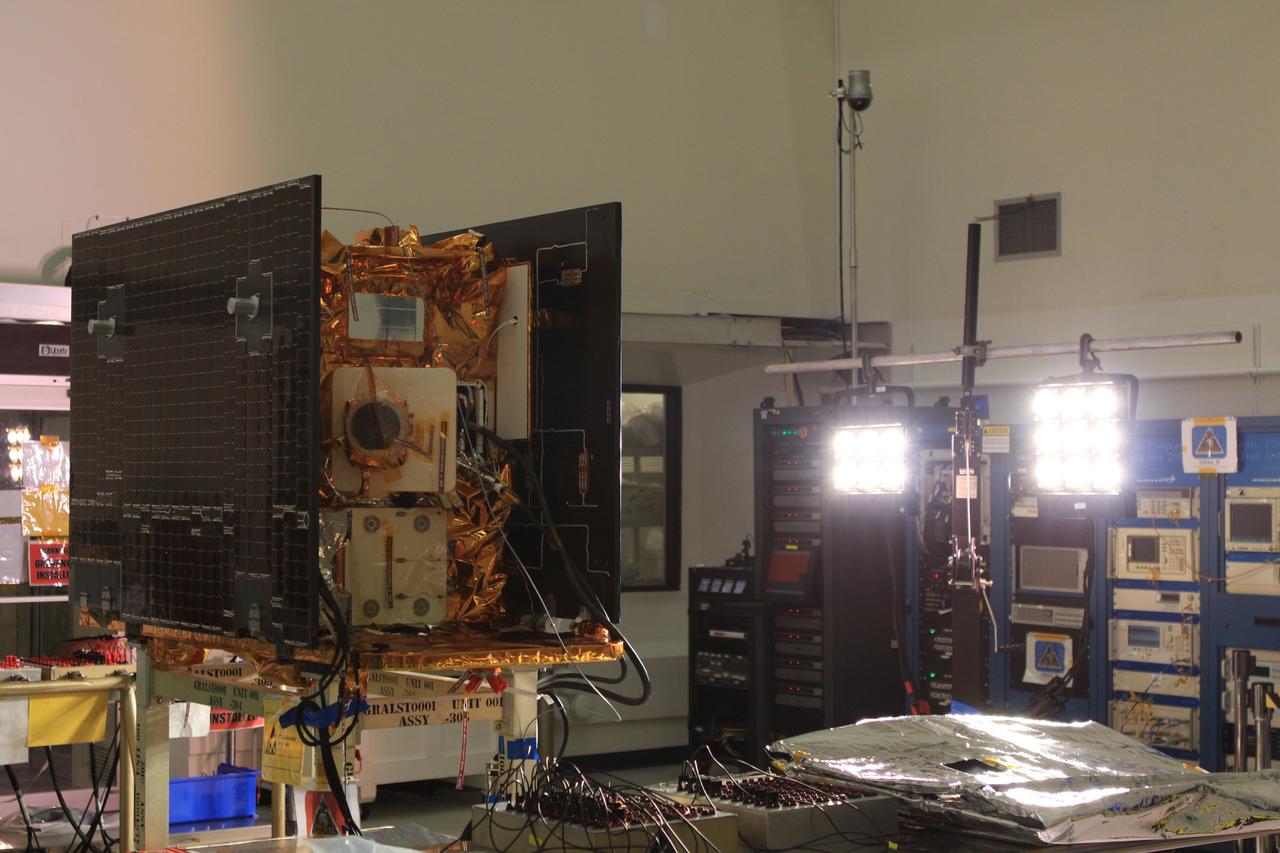 CAPE CANAVERAL, Fla. -- Testing of the solar arrays on NASA's Gravity Recovery and Interior Laboratory-A, or GRAIL-A, spacecraft is under way in Astrotech Space Operation's payload processing facility in Titusville, Fla., to ensure that they will function as planned during the mission.    The electrical power subsystem on each of GRAIL's twin spacecraft includes two solar arrays and a lithium ion battery. Each solar array is capable of producing no less than 700 watts. They will be deployed shortly after separation from the launch vehicle and remain fixed throughout the mission. GRAIL will fly in tandem orbits around the moon for several months to measure its gravity field. GRAIL's primary science objectives are to determine the structure of the lunar interior, from crust to core, and to advance understanding of the thermal evolution of the moon.  Launch aboard a United Launch Alliance Delta II rocket from Space Launch Complex 17B on Cape Canaveral Air Force Station is scheduled for Sept. 8.  For more information, visit http://www.nasa.gov/grail. Photo credit: NASA/Frankie Martin