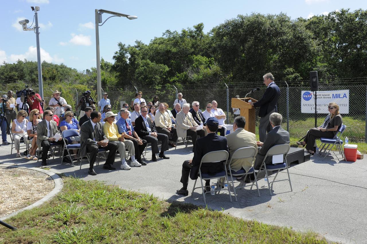 CAPE CANAVERAL, Fla. -- Media representatives, family members, and current and former employees, attend a closing ceremony for the Merritt Island Launch Annex (MILA) Spaceflight Tracking and Data Network Station at NASA's Kennedy Space Center in Florida.  NASA Station Director Gary Morse presides over the ceremony recognizing the station's 45 years of service.    The station was originally established by NASA's Goddard Space Flight Center as one of 17 Space Flight Tracking and Data Network stations around the world. Commissioned for the Apollo Program, the first launch it supported was the Apollo/Saturn 203 test flight from Launch Complex 37 on July 5, 1966. It also provided orbital support for low earth-orbiting scientific satellites. In recent history, the station has been used almost exclusively for space shuttle launch and landing support. Following the final launch and landing of the Space Shuttle Program in July 2011, the MILA station is officially decommissioned. For more information, visit http://www.nasa.gov/centers/kennedy/pdf/167424main_MILA-08C.pdf. Photo credit: NASA/Kim Shiflett