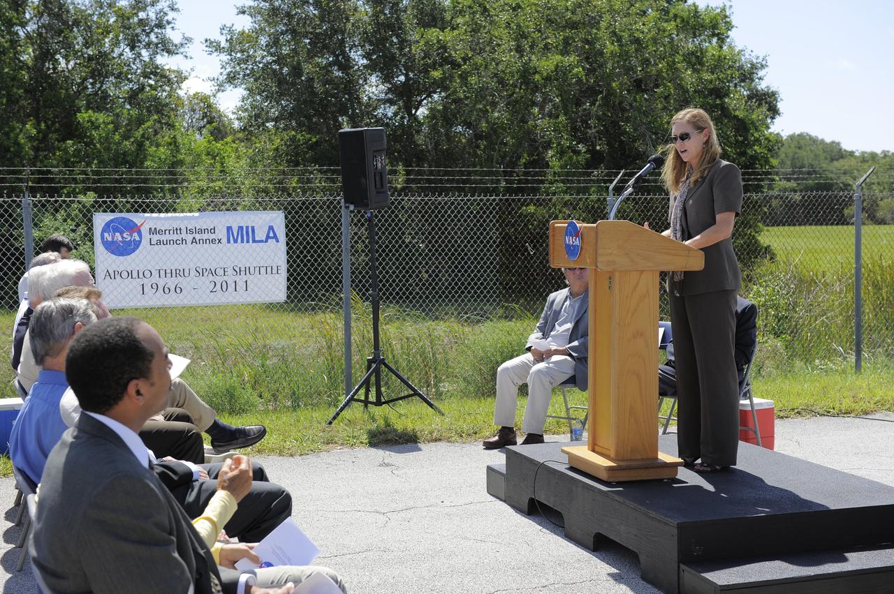 CAPE CANAVERAL, Fla. -- At the Merritt Island Launch Annex (MILA) Spaceflight Tracking and Data Network Station at NASA's Kennedy Space Center in Florida, Kennedy Deputy Director Janet Petro addresses those in attendance at a closing ceremony recognizing the station's 45 years of service.    The station was originally established by NASA's Goddard Space Flight Center as one of 17 Space Flight Tracking and Data Network stations around the world. Commissioned for the Apollo Program, the first launch it supported was the Apollo/Saturn 203 test flight from Launch Complex 37 on July 5, 1966. It also provided orbital support for low earth-orbiting scientific satellites. In recent history, the station has been used almost exclusively for space shuttle launch and landing support. Following the final launch and landing of the Space Shuttle Program in July 2011, the MILA station is officially decommissioned. For more information, visit http://www.nasa.gov/centers/kennedy/pdf/167424main_MILA-08C.pdf. Photo credit: NASA/Kim Shiflett