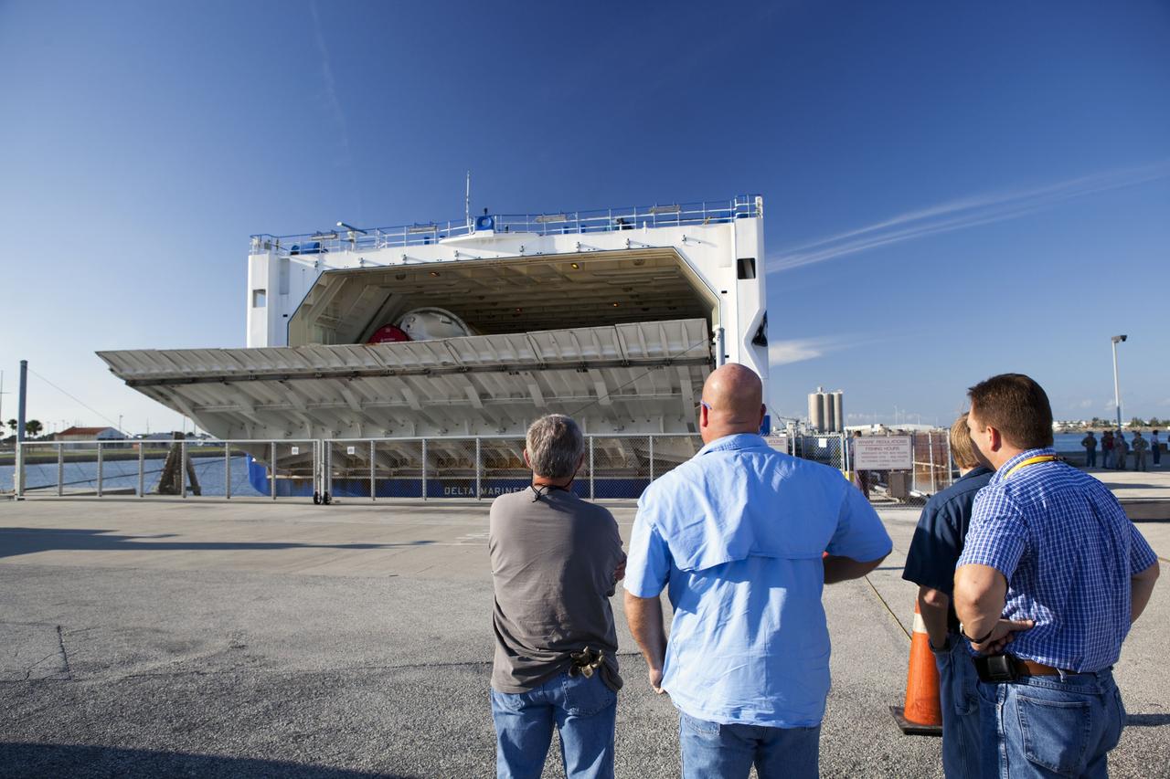 CAPE CANAVERAL, Fla. -- The Atlas V first stage and Centaur upper stage to support the Mars Science Laboratory (MSL) mission arrive at Port Canaveral in Florida aboard the Delta Mariner transport ship. MSL's components include a compact car-sized rover, Curiosity, which has 10 science instruments designed to search for evidence on whether Mars has had environments favorable to microbial life, including chemical ingredients for life. The unique rover will use a laser to look inside rocks and release its gasses so that the rover’s spectrometer can analyze and send the data back to Earth. Launch of MSL aboard a United Launch Alliance Atlas V rocket is scheduled for Nov. 25 from Space Launch Complex 41 on Cape Canaveral Air Force Station. For more information, visit http://www.nasa.gov/msl. Photo credit: NASA/Dimitri Gerondidakis