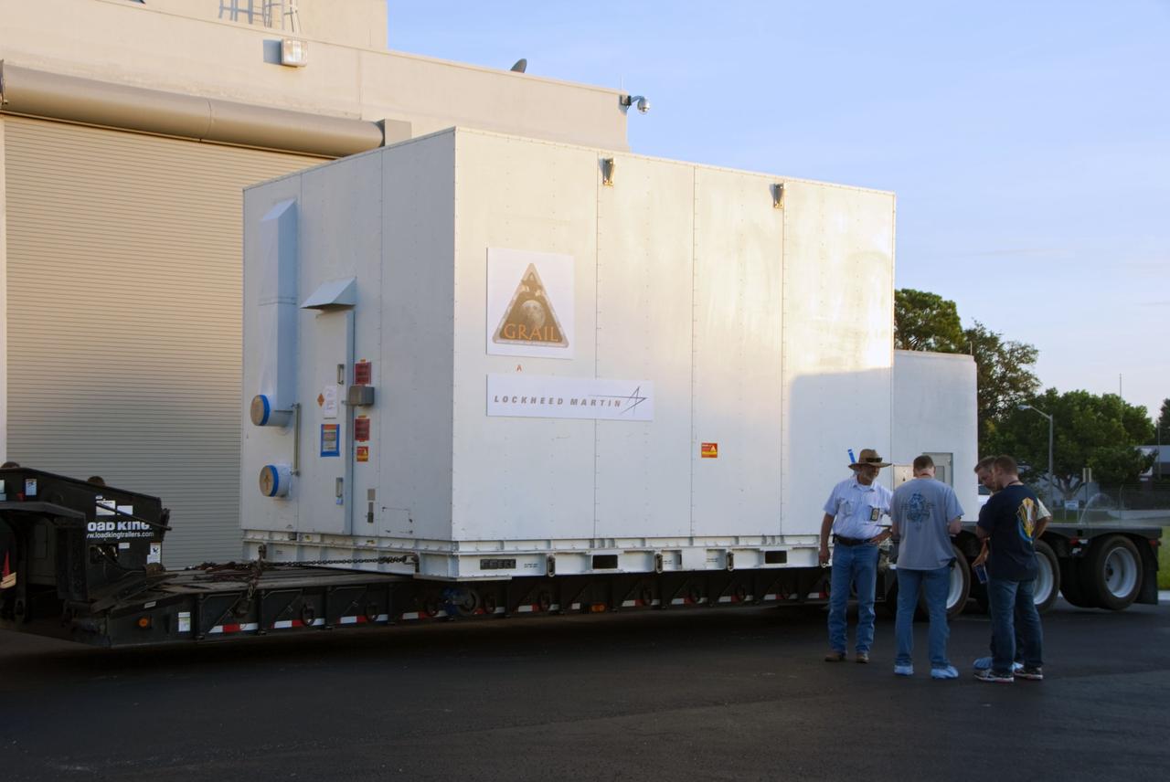 CAPE CANAVERAL, Fla. -- Preparations are under way to transport the protective canister housing NASA's twin Gravity Recovery and Interior Laboratory lunar spacecraft to the Hazardous Processing Facility (HPF) at Astrotech Space Operation's payload processing facility in Titusville, Fla. In the HPF, the spacecraft will undergo two days of fueling activities. GRAIL will fly in tandem orbits around the moon for several months to measure its gravity field. GRAIL's primary science objectives are to determine the structure of the lunar interior, from crust to core, and to advance understanding of the thermal evolution of the moon. Launch aboard a United Launch Alliance Delta II rocket from Space Launch Complex 17B on Cape Canaveral Air Force Station is scheduled for Sept. 8. For more information, visit http://www.nasa.gov/grail. Photo credit: NASA/Charisse Nahser